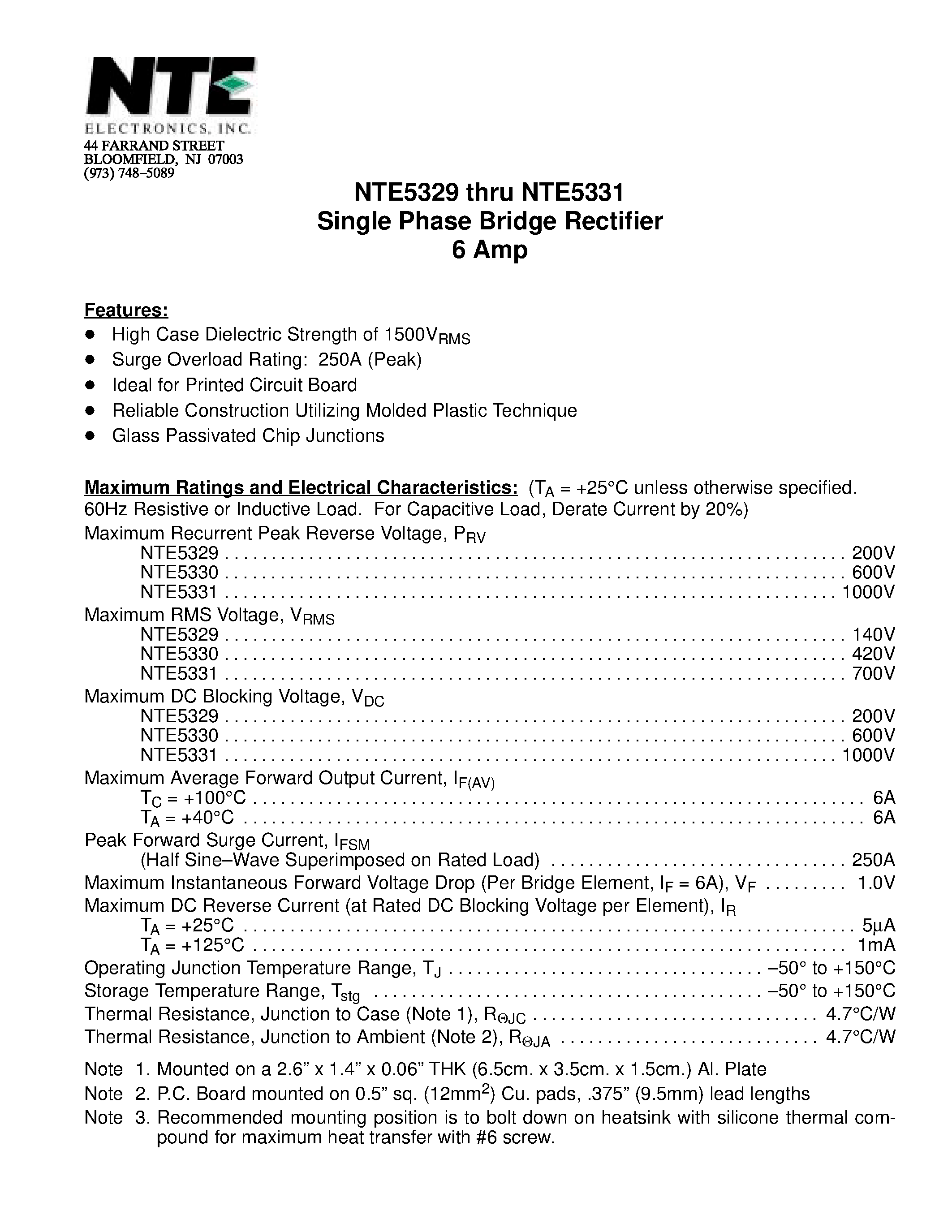 Datasheet NTE5329 - Single Phase Bridge Rectifier 6 Amp page 1