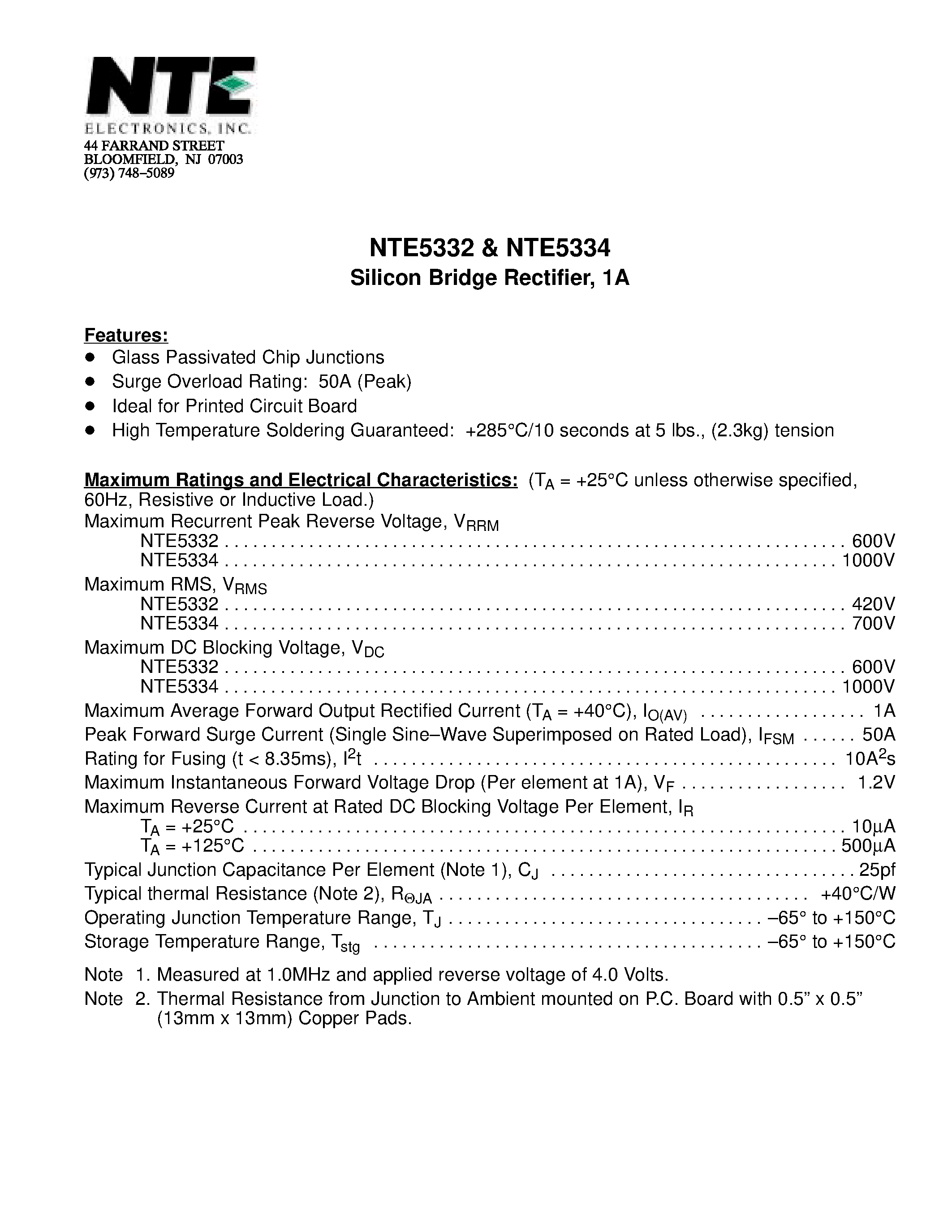 Даташит NTE5332 - Silicon Bridge Rectifier / 1A страница 1