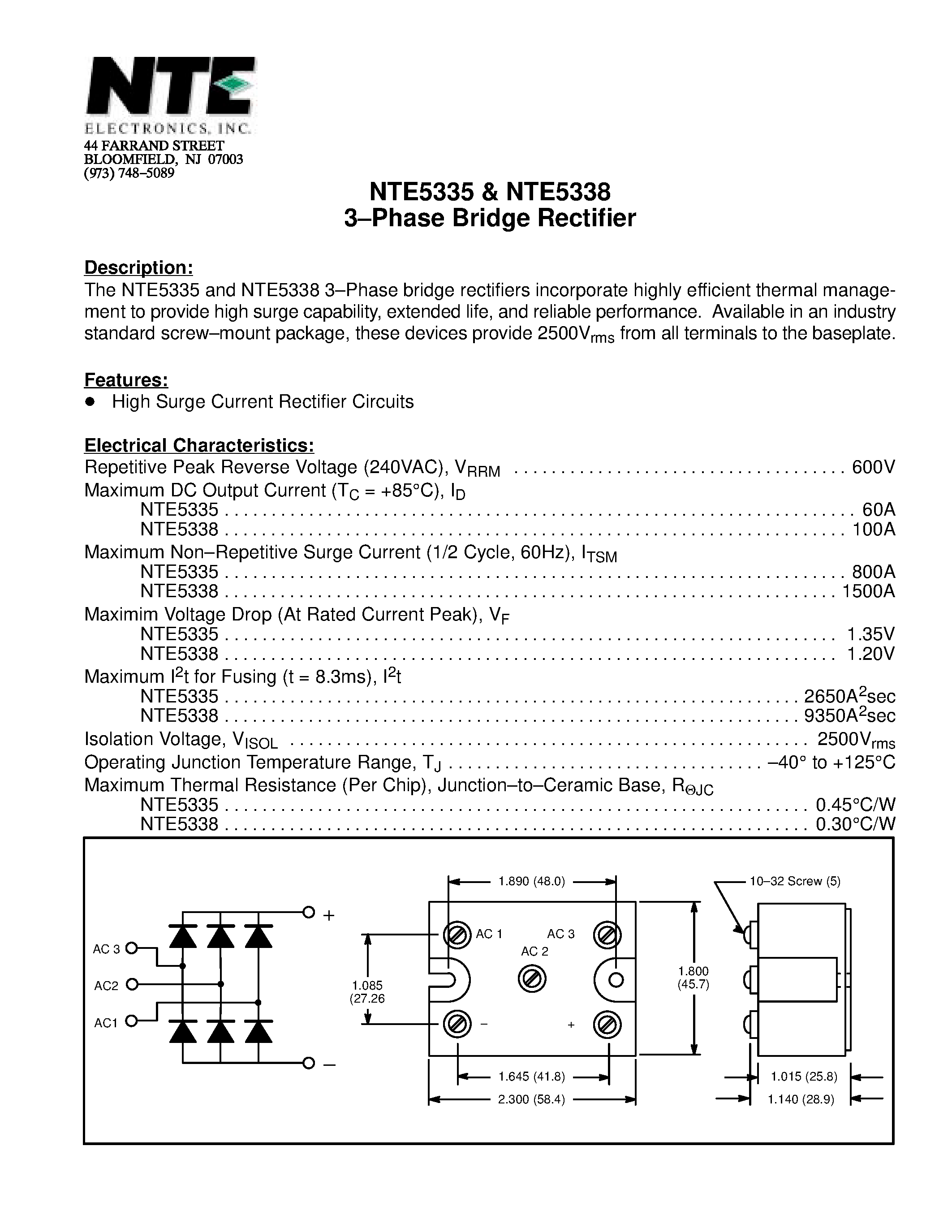 Datasheet NTE5338 page 1 Datasheet NTE5338 - 3-Phase Bridge Rectifier page 1
