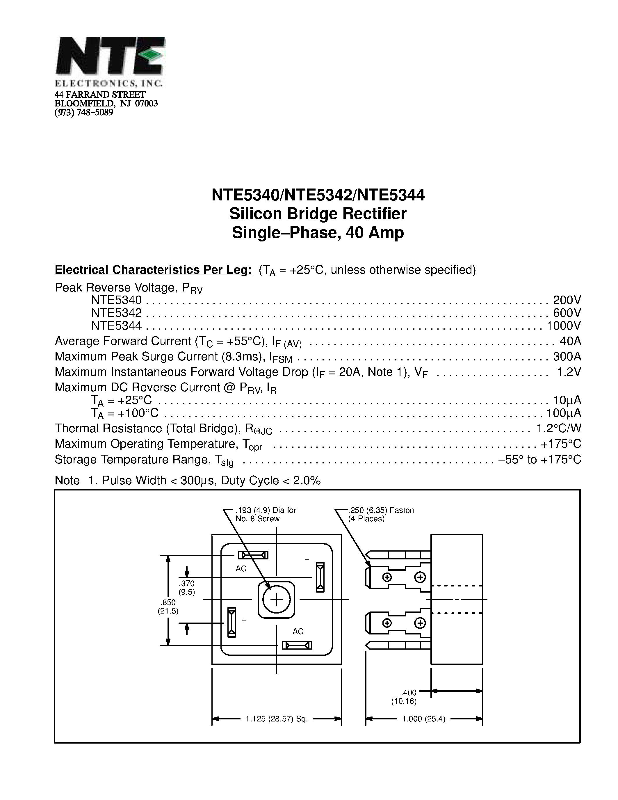 Даташит NTE5342 - Silicon Bridge Rectifier Single-Phase / 40 Amp страница 1