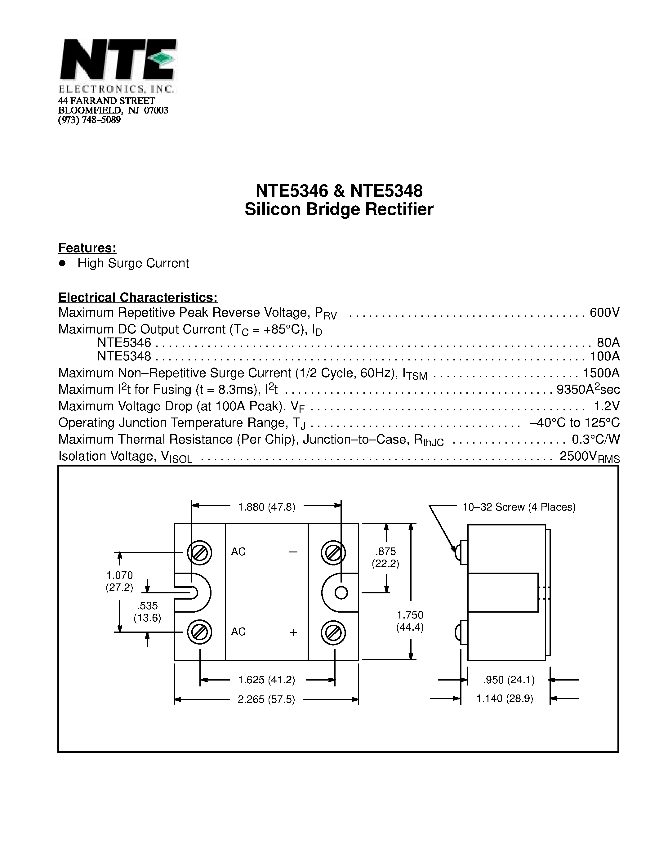 Даташит NTE5348 - Silicon Bridge Rectifier страница 1