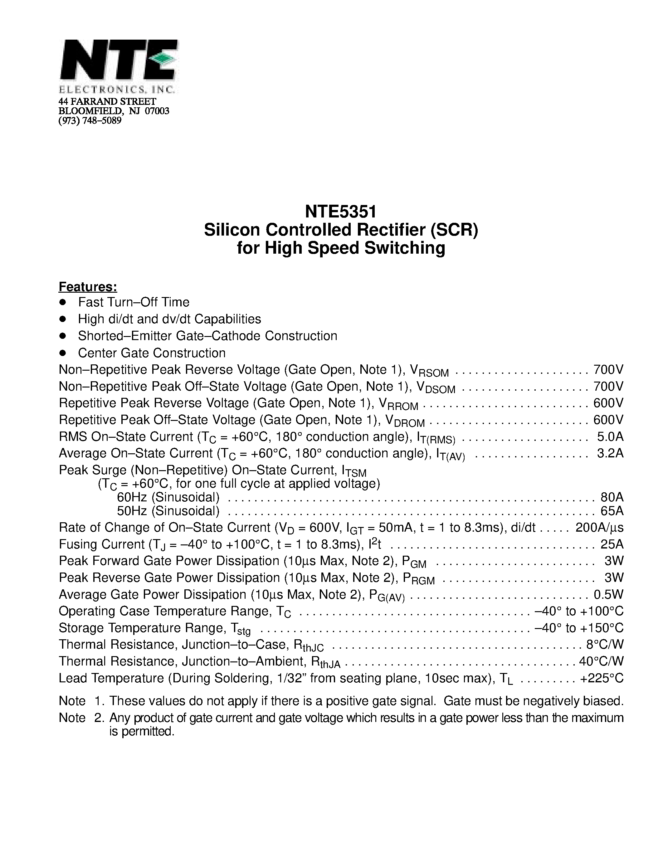 Даташит NTE5351 - Silicon Controlled Rectifier (SCR) for High Speed Switching страница 1
