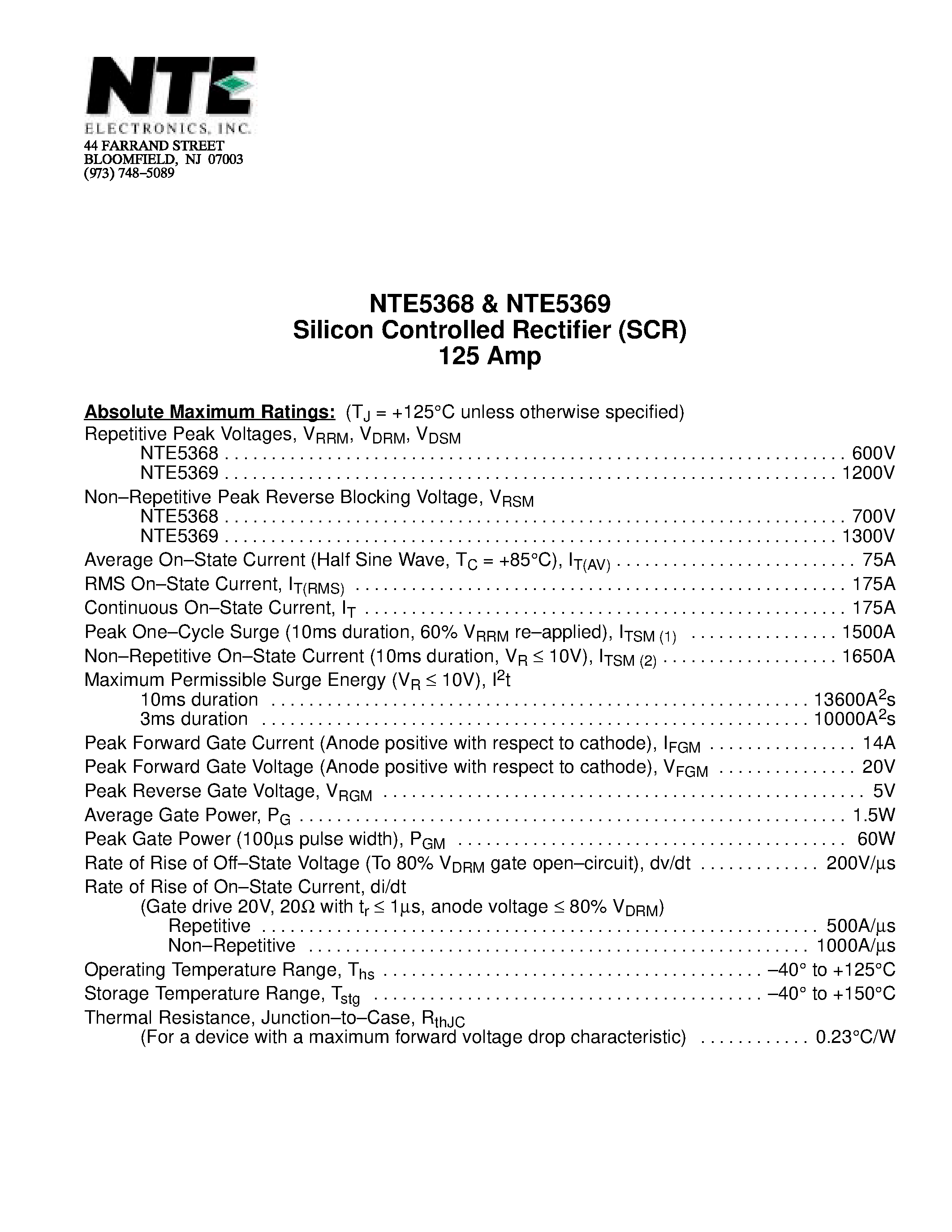 Даташит NTE5368 - Silicon Controlled Rectifier (SCR) 125 Amp страница 1