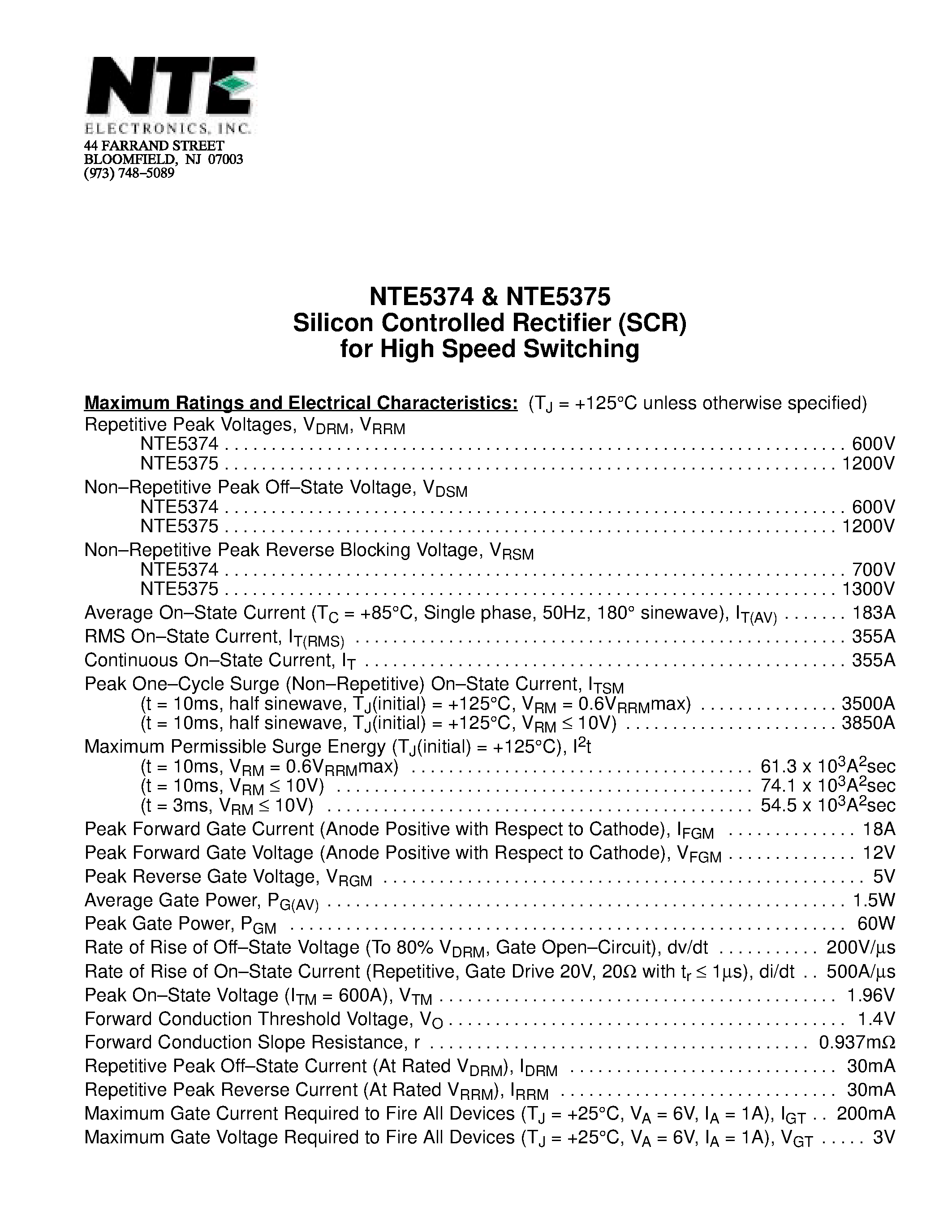Даташит NTE5374 - Silicon Controlled Rectifier (SCR) for High Speed Switching страница 1