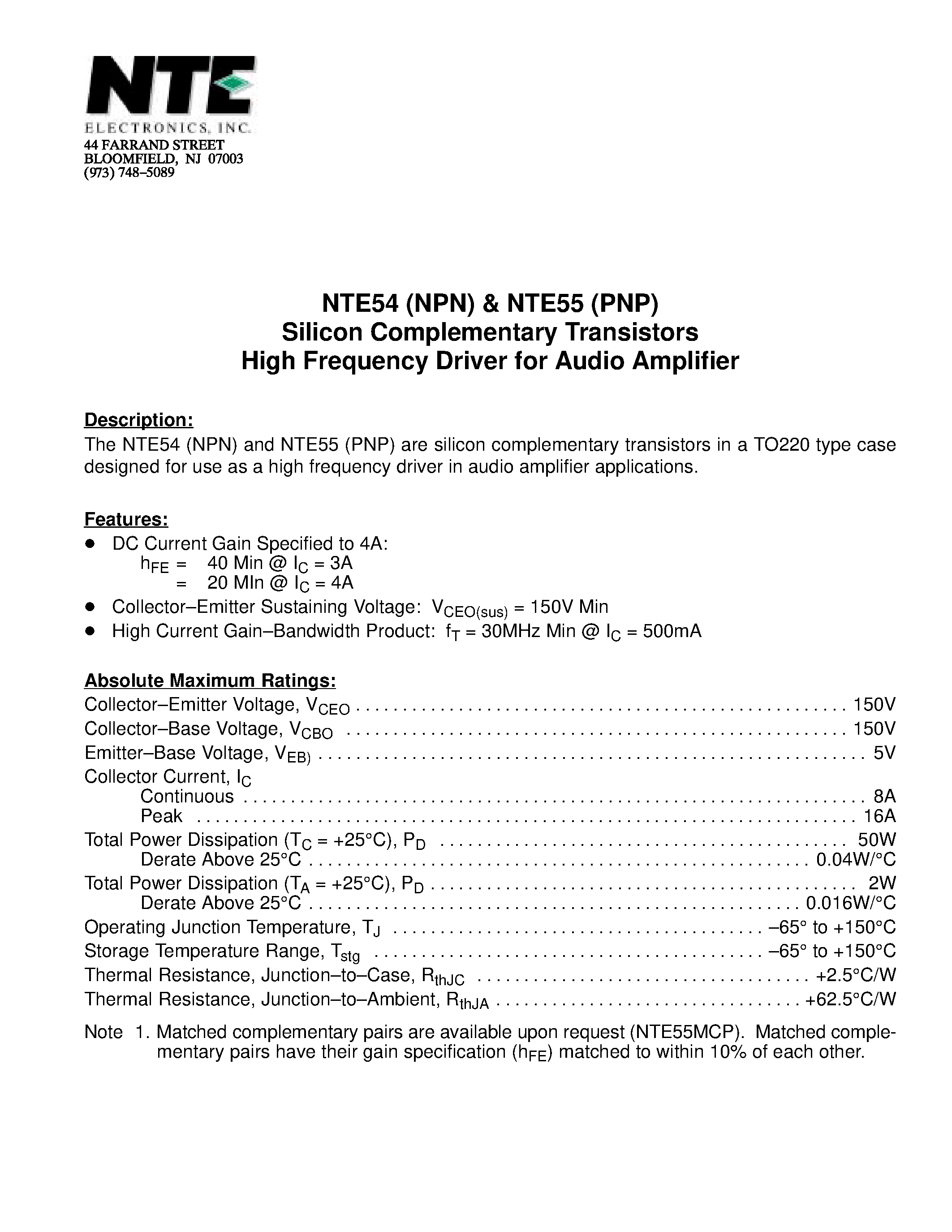 Datasheet NTE54 - Silicon Complementary Transistors High Frequency Driver for Audio Amplifier page 1