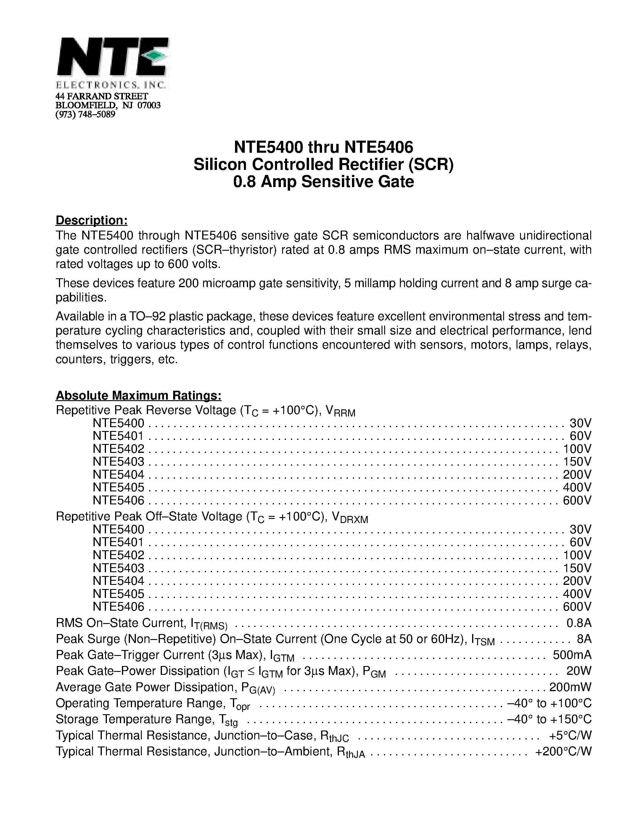Даташит NTE5406 - Silicon Controlled Rectifier (SCR) 0.8 Amp Sensitive Gate страница 1