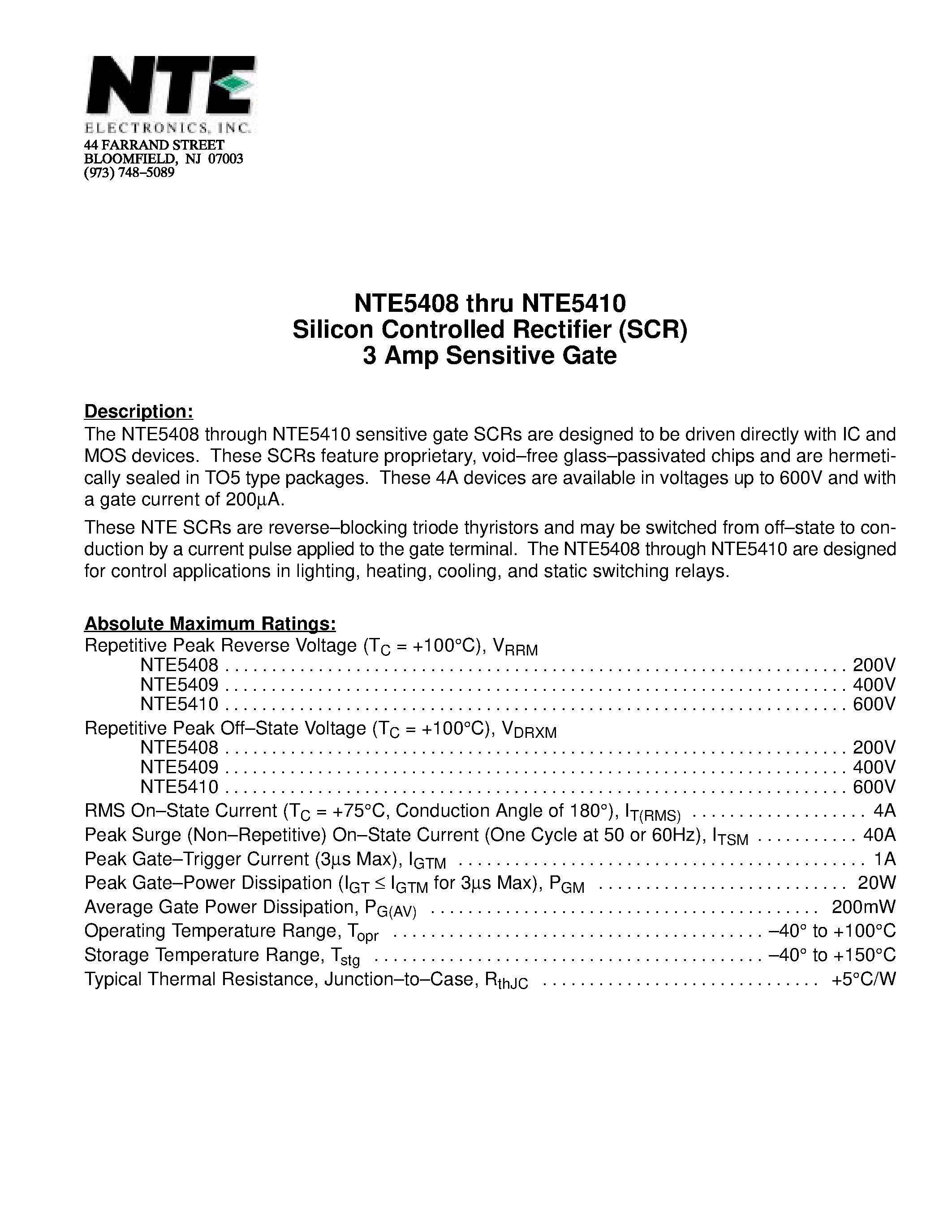 Datasheet NTE5410 - Silicon Controlled Rectifier (SCR) 3 Amp Sensitive Gate page 1