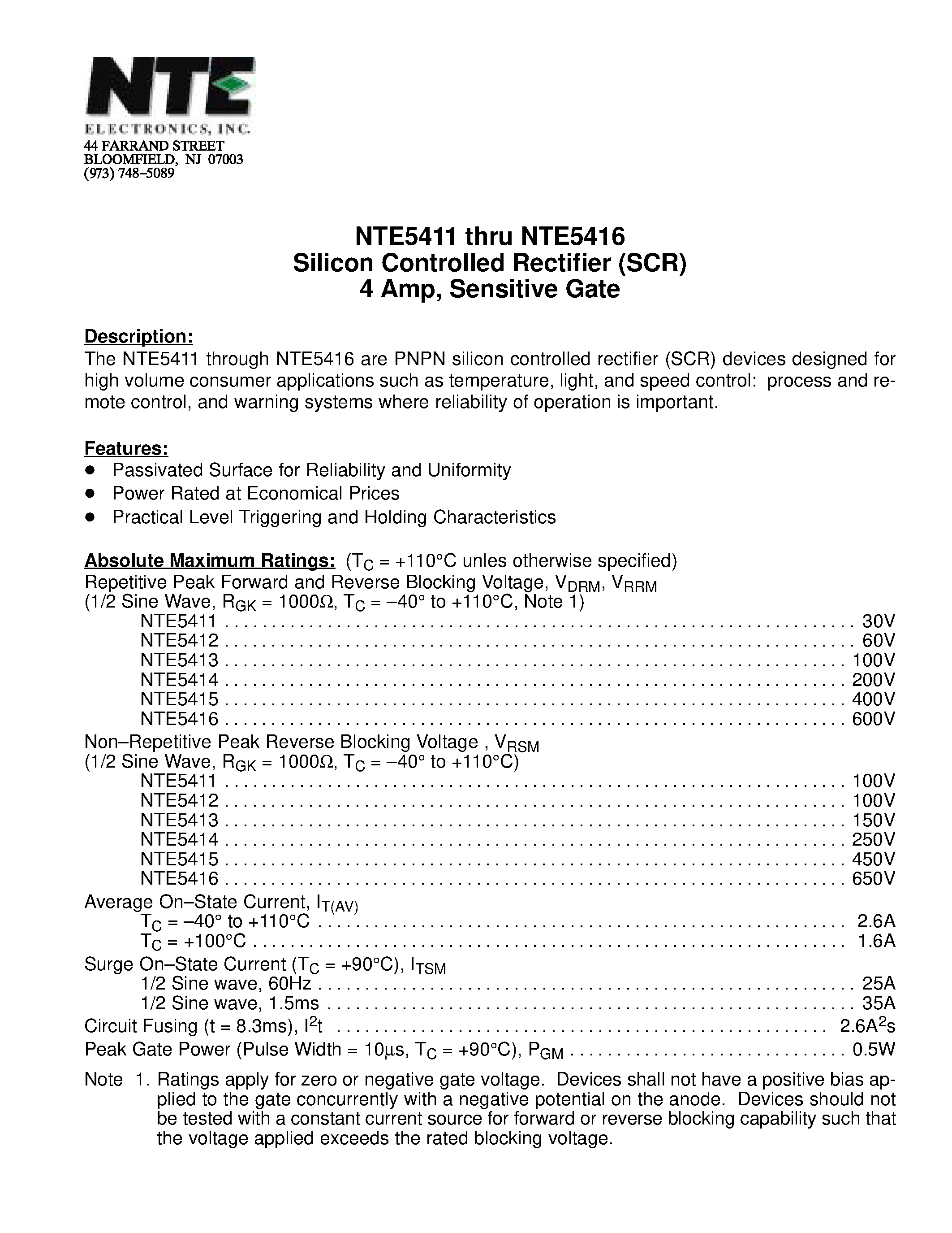 Datasheet NTE5411 - Silicon Controlled Rectifier (SCR) 4 Amp / Sensitive Gate page 1