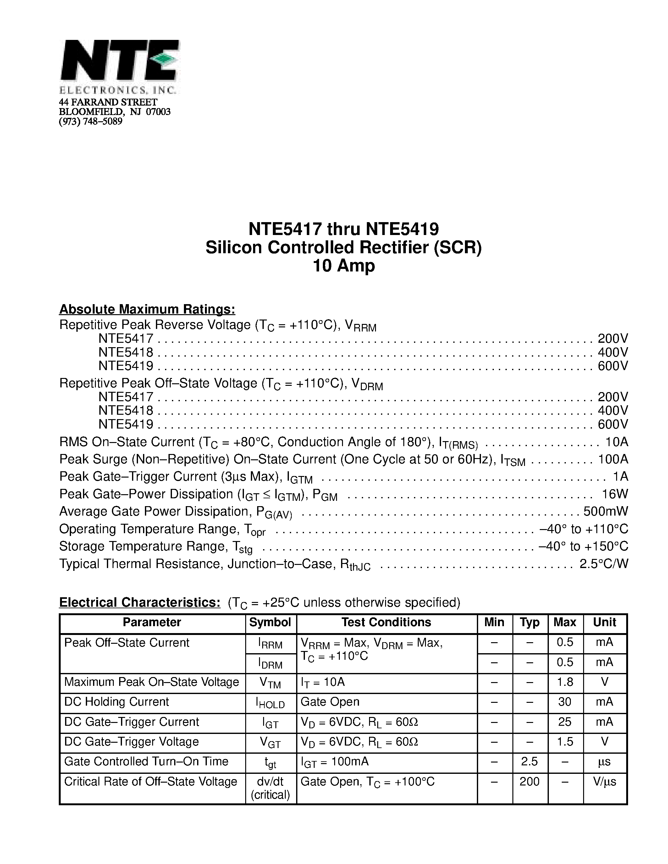 Даташит NTE5419 - Silicon Controlled Rectifier (SCR) 10 Amp страница 1