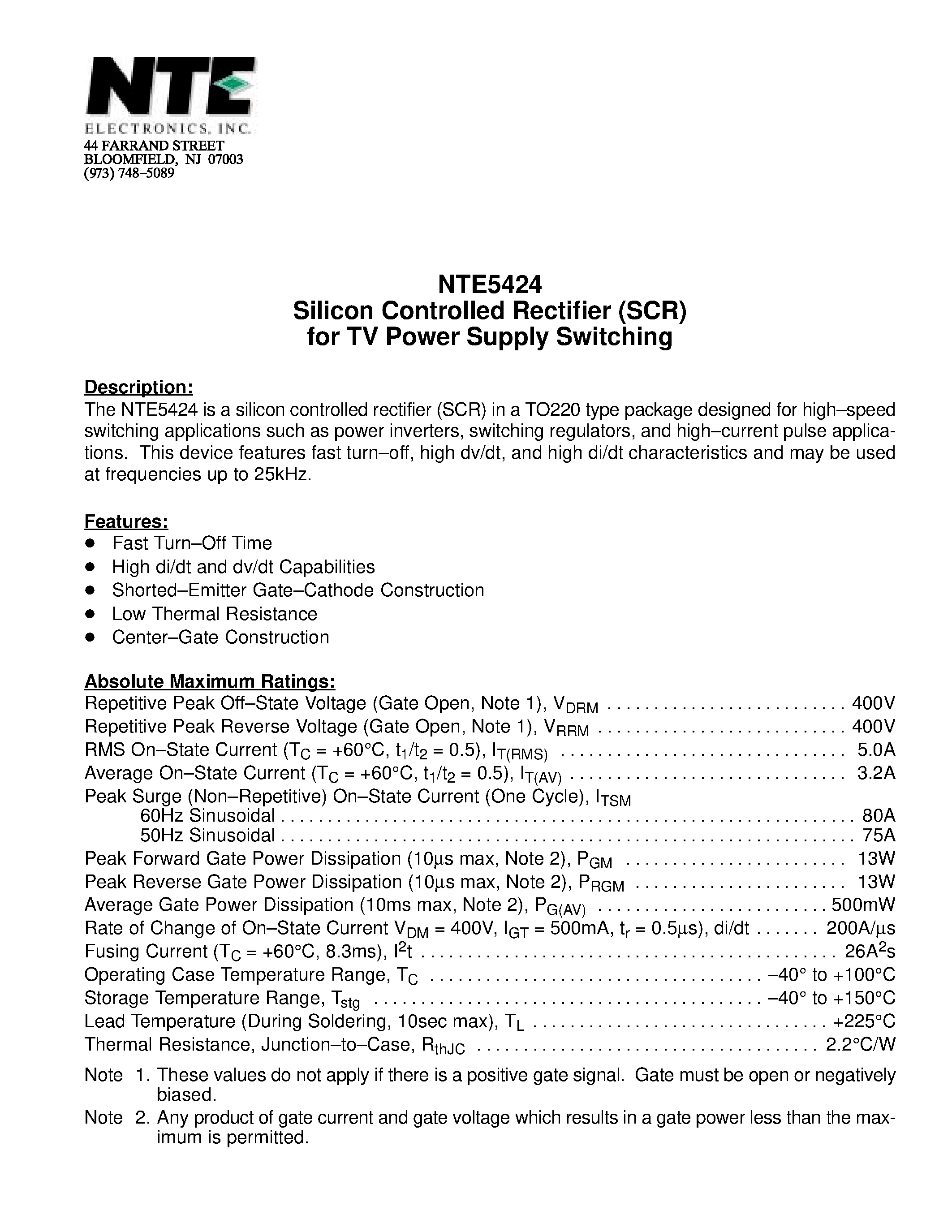 Даташит NTE5424 - Silicon Controlled Rectifier (SCR) for TV Power Supply Switching страница 1