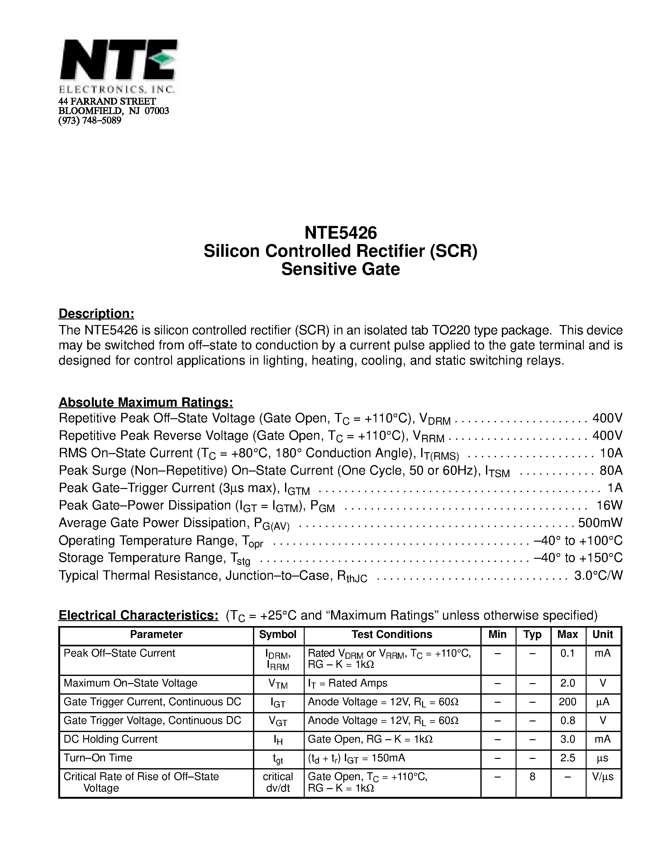 Даташит NTE5426 - Silicon Controlled Rectifier (SCR) Sensitive Gate страница 1
