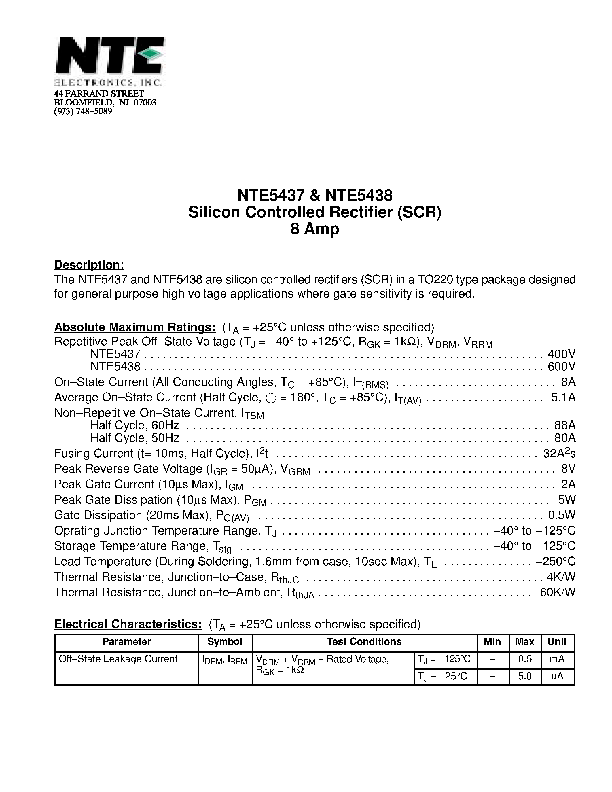 Даташит NTE5438 - Silicon Controlled Rectifier (SCR) 8 Amp страница 1