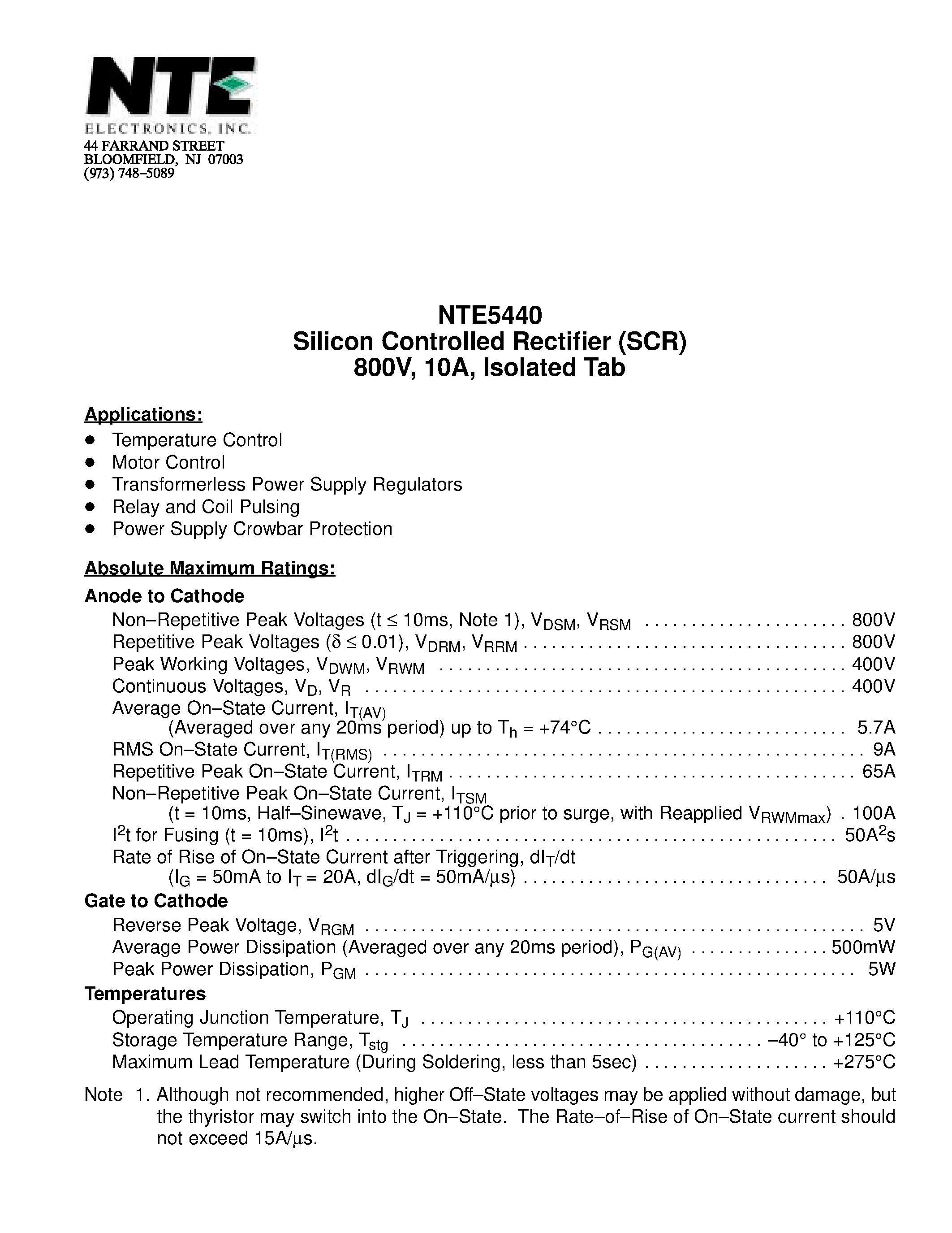Даташит NTE5440 - Silicon Controlled Rectifier (SCR) 800V / 10A / Isolated Tab страница 1