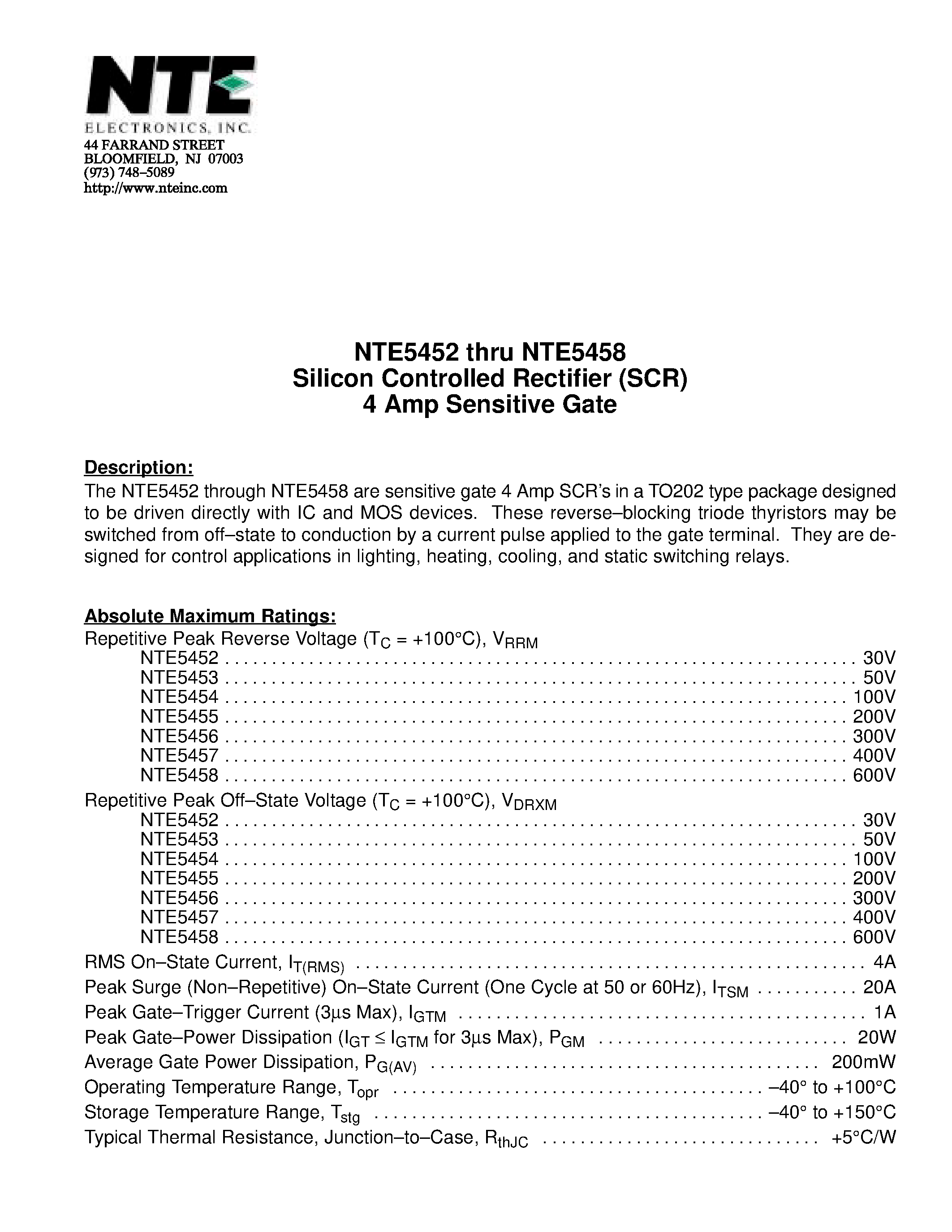 Datasheet NTE5452 - Silicon Controlled Rectifier (SCR) 4 Amp Sensitive Gate page 1