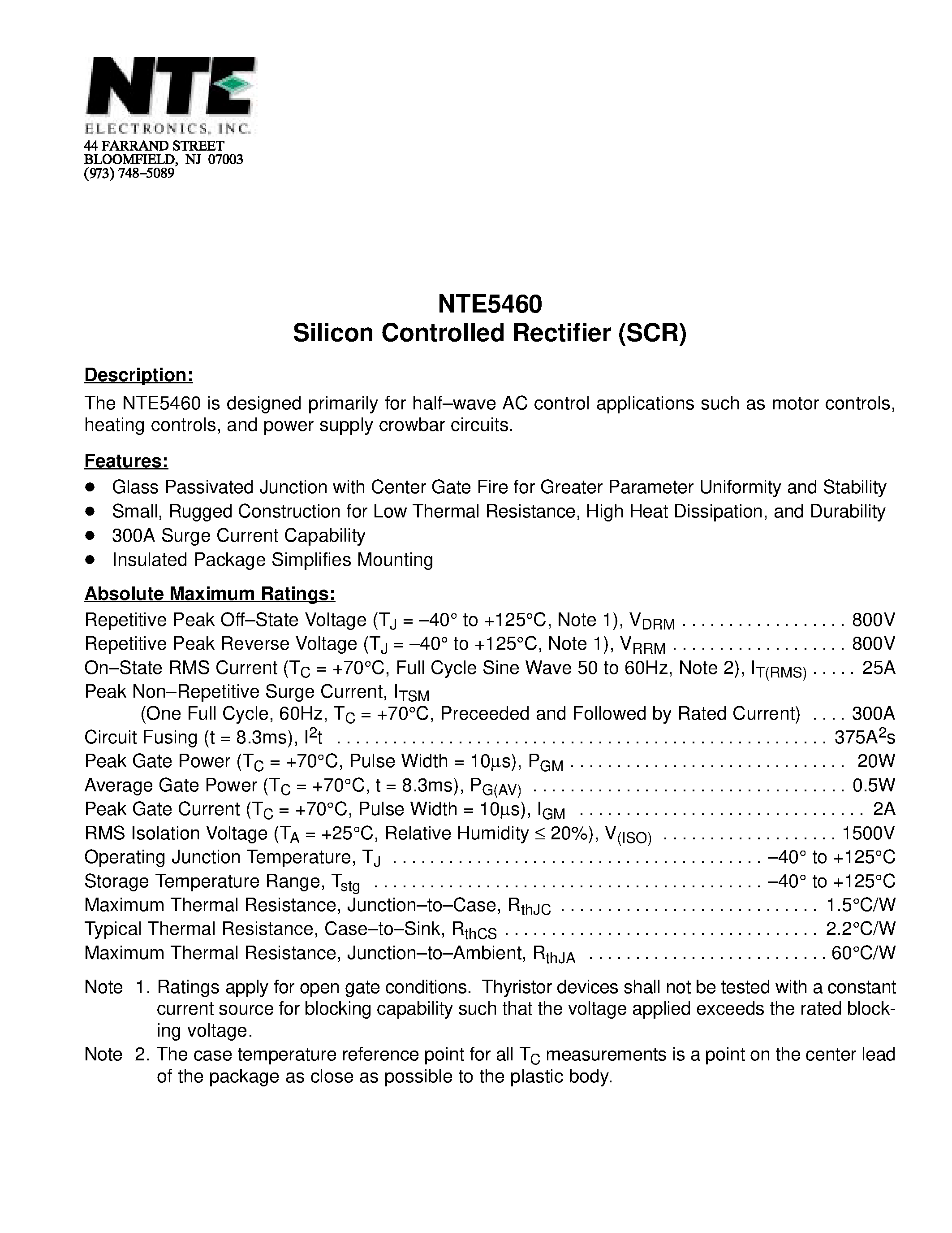 Даташит NTE5460 - Silicon Controlled Rectifier (SCR) страница 1
