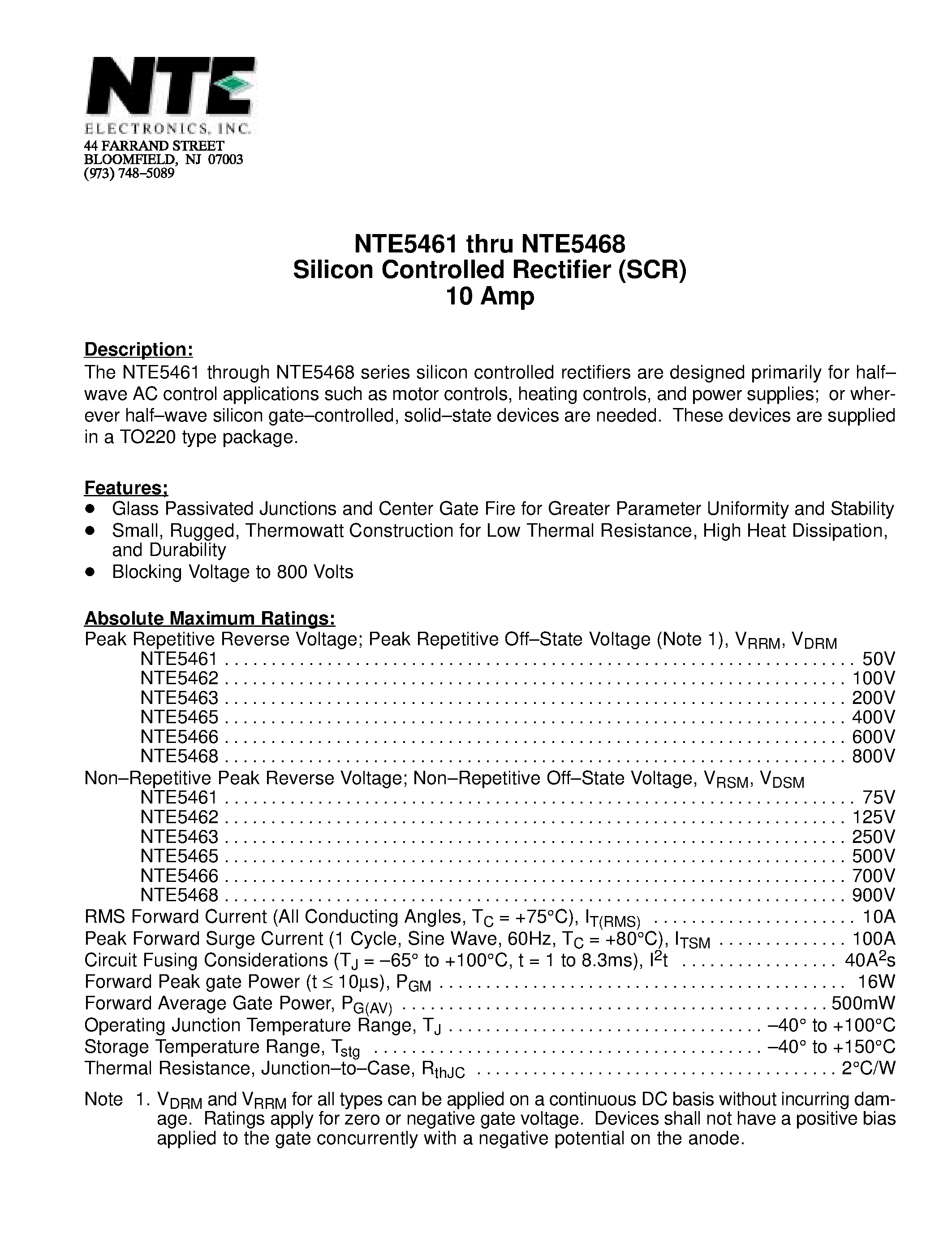 Datasheet NTE5465 - Silicon Controlled Rectifier (SCR) 10 Amp page 1