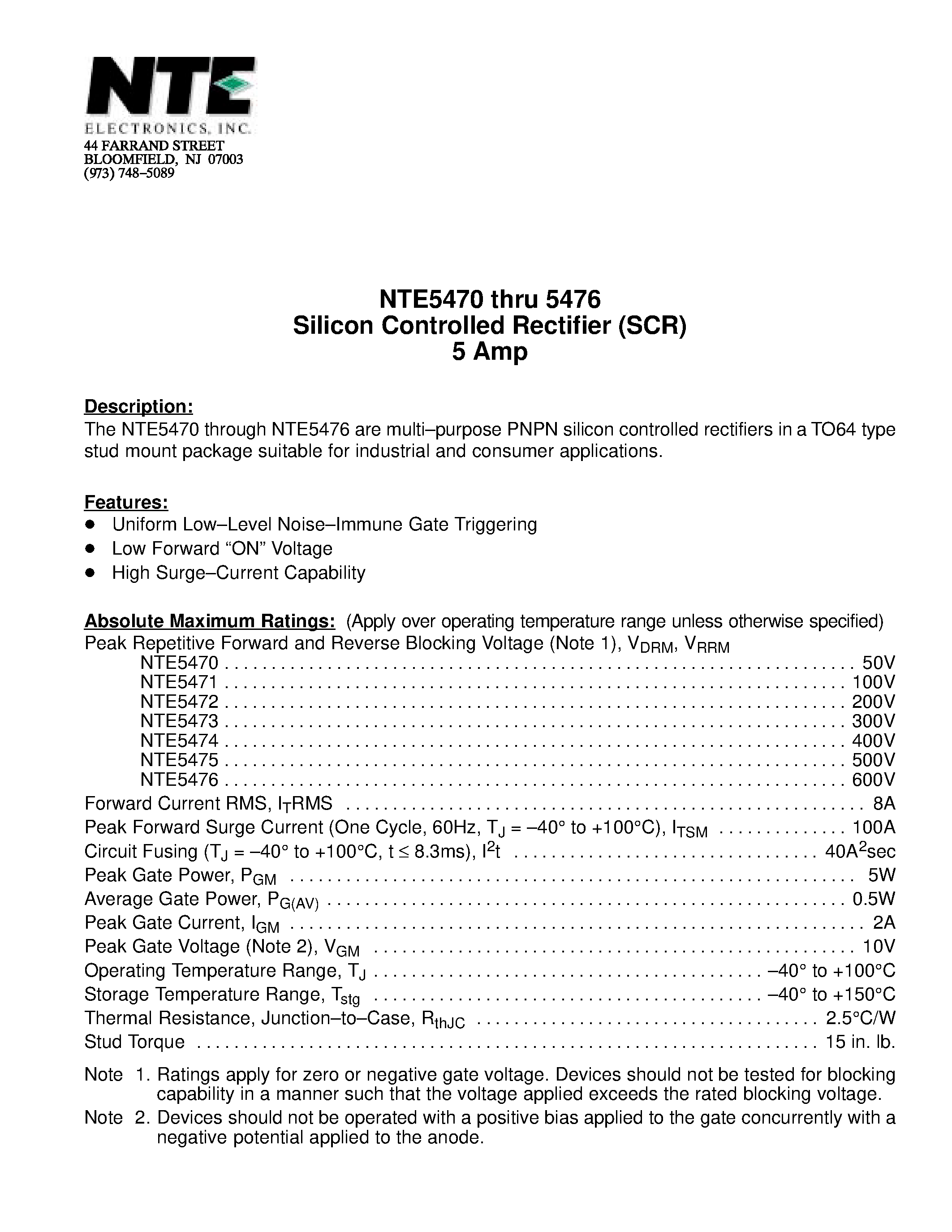 Даташит NTE5470 - Silicon Controlled Rectifier (SCR) 5 Amp страница 1