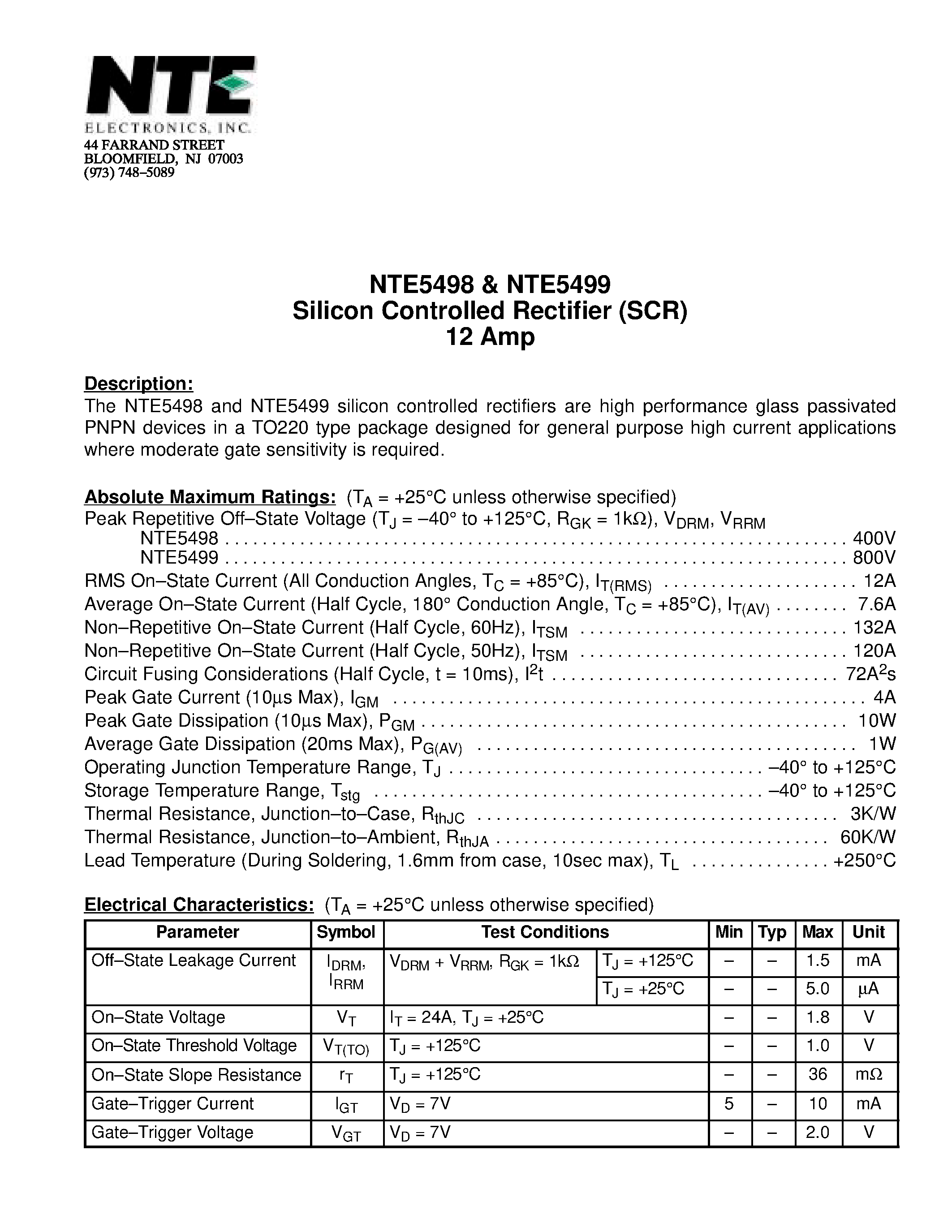 Даташит NTE5499 - Silicon Controlled Rectifier (SCR) 12 Amp страница 1