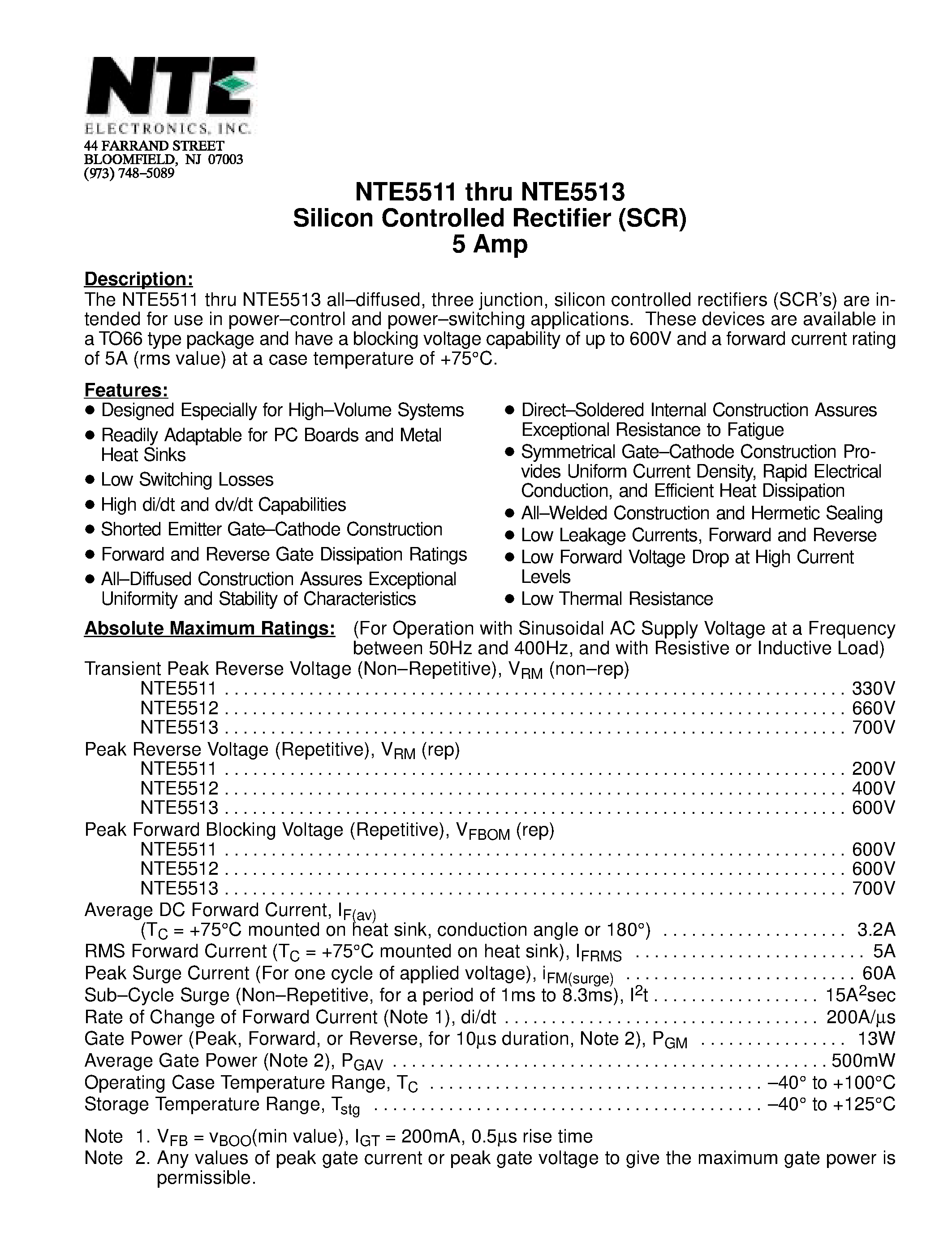 Даташит NTE5513 - Silicon Controlled Rectifier (SCR) 5 Amp страница 1