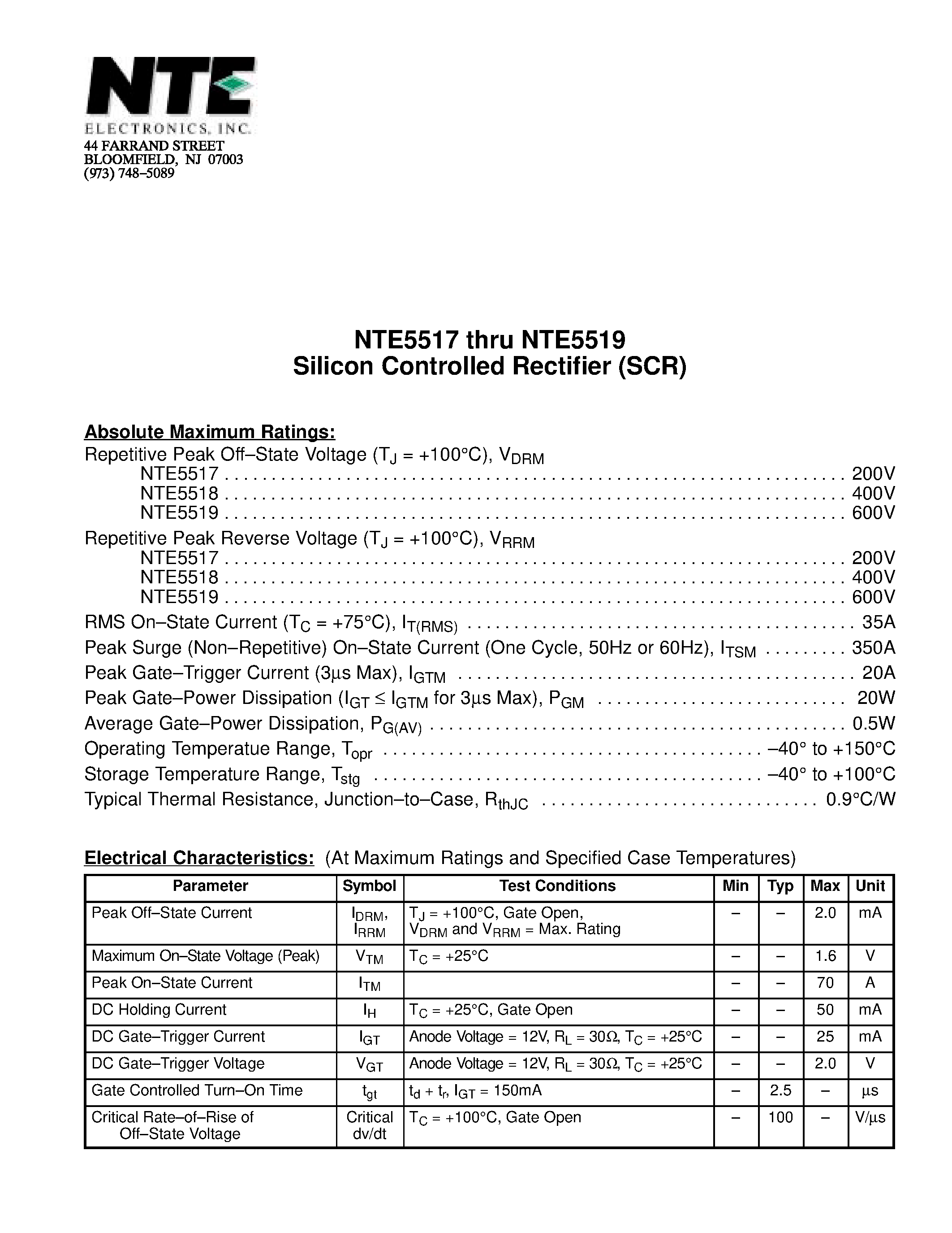 Даташит NTE5517 - Silicon Controlled Rectifier (SCR) страница 1