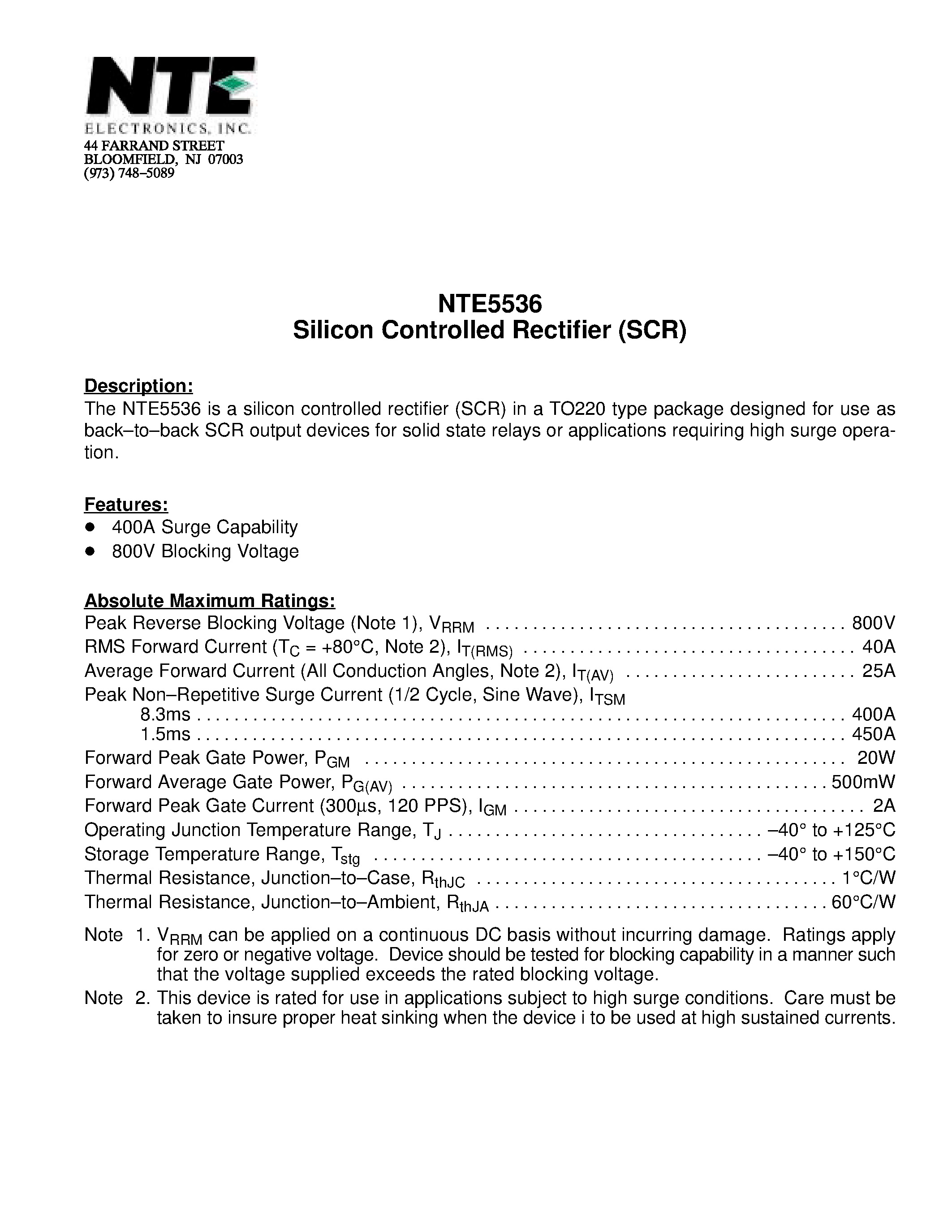 Даташит NTE5536 - Silicon Controlled Rectifier (SCR) страница 1