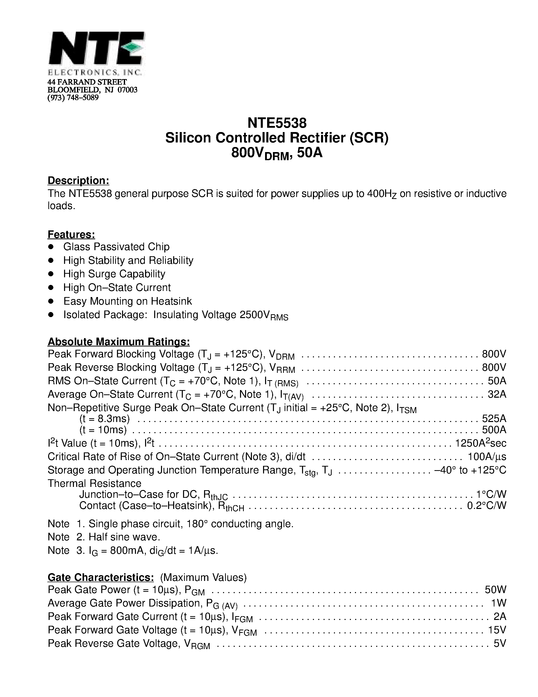Даташит NTE5538 - Silicon Controlled Rectifier (SCR) 800VDRM / 50A страница 1