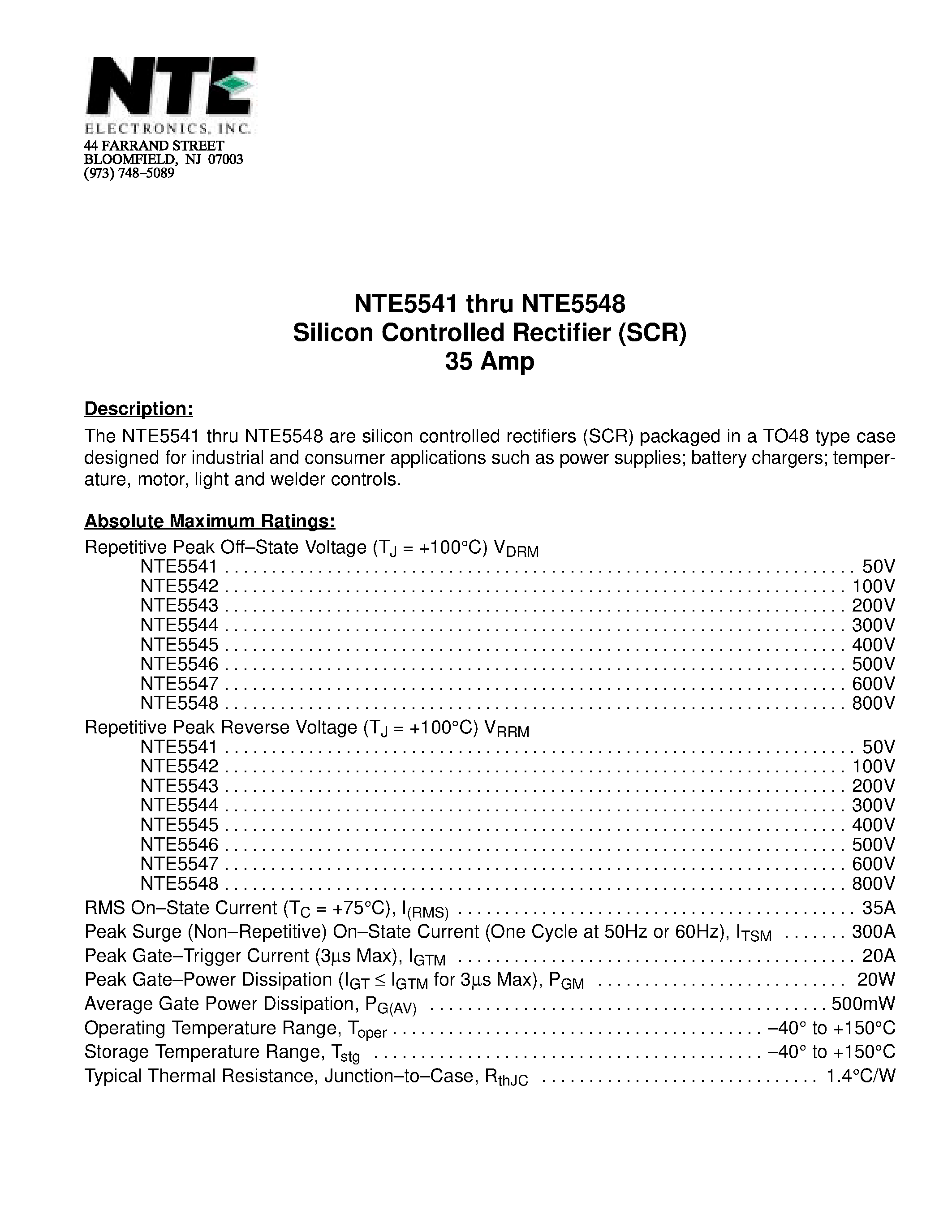 Даташит NTE5548 - Silicon Controlled Rectifier (SCR) 35 Amp страница 1