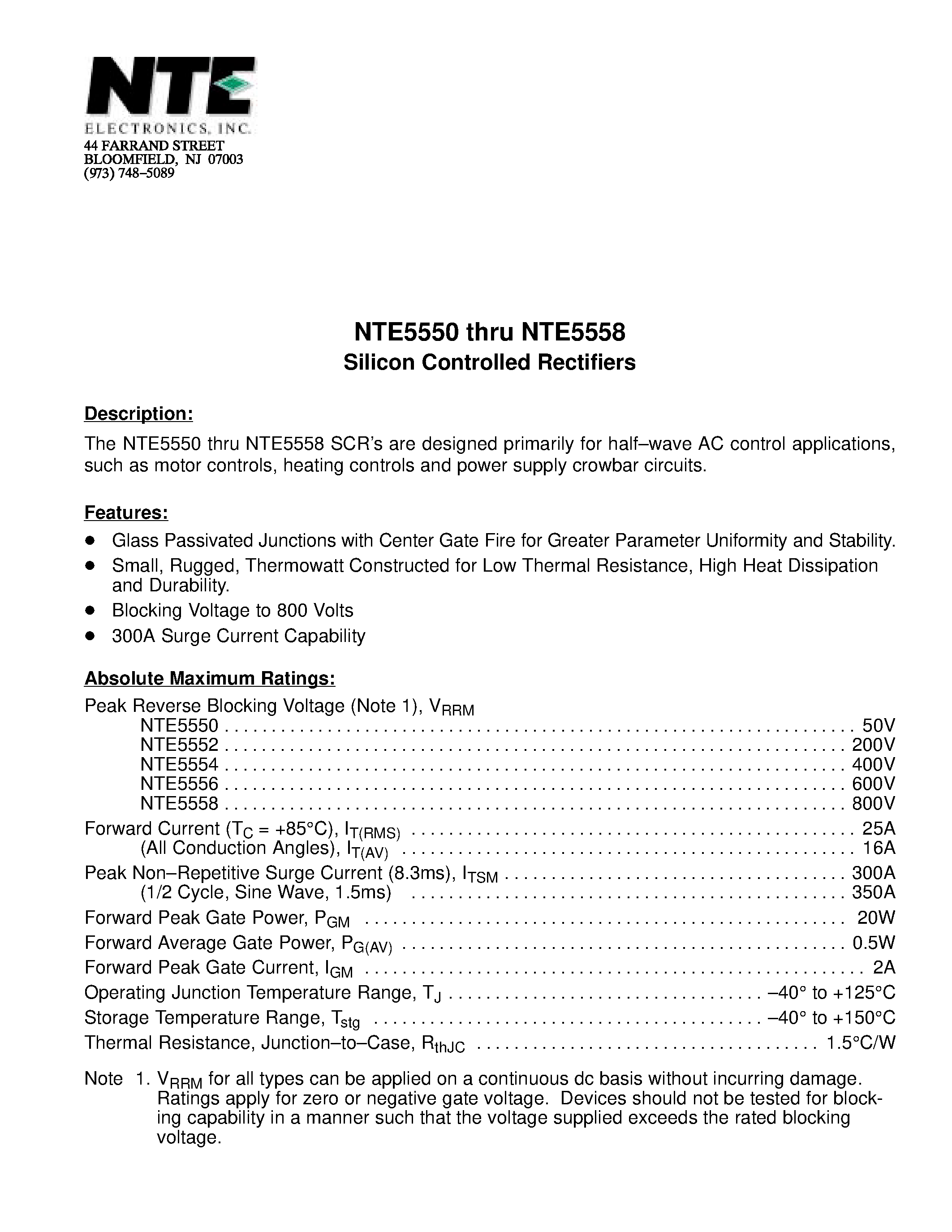 Datasheet NTE5550 page 1 Datasheet NTE5550 - Silicon Controlled Rectifiers page 1