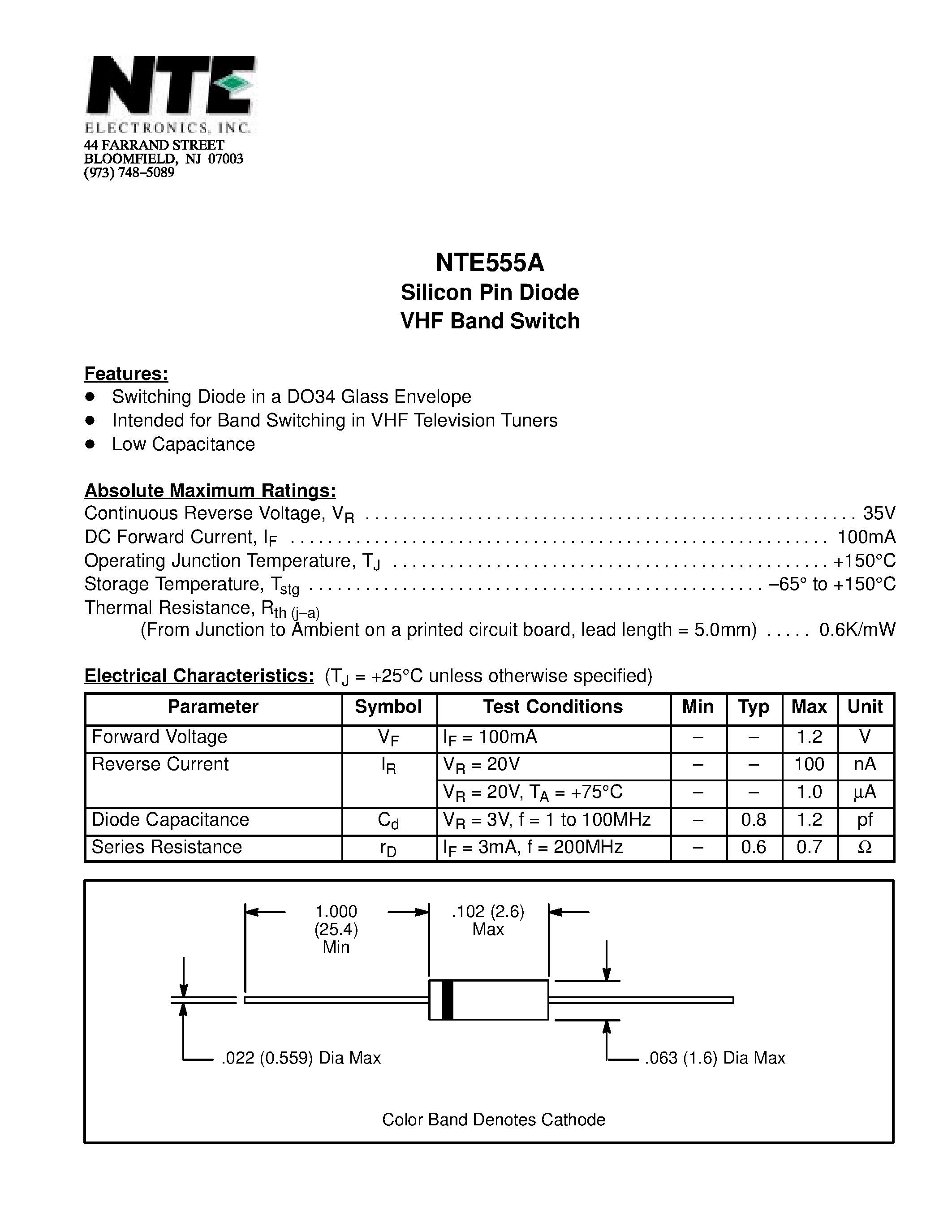Datasheet NTE555A page 1 Datasheet NTE555A - Silicon Pin Diode VHF Band Switch page 1