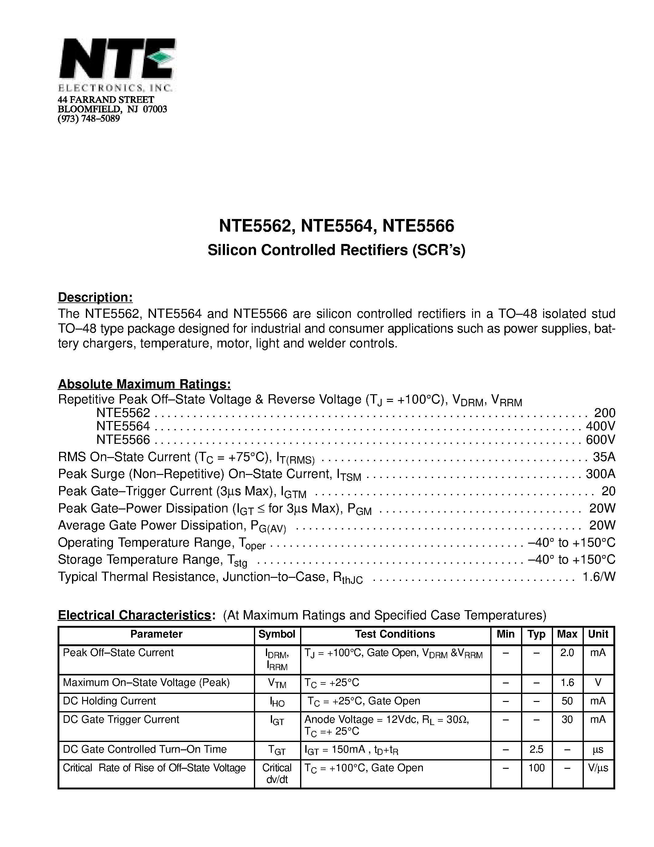 Datasheet NTE5564 page 1 Datasheet NTE5564 - Silicon Controlled Rectifiers (SCRs) page 1