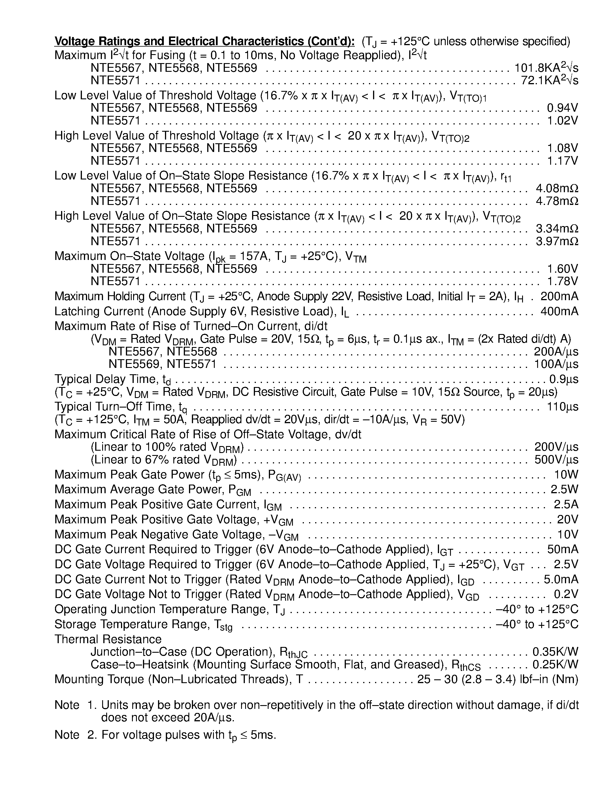 Даташит NTE5568 - Silicon Controlled Rectifier (SCR) for Phase Control Applications страница 2