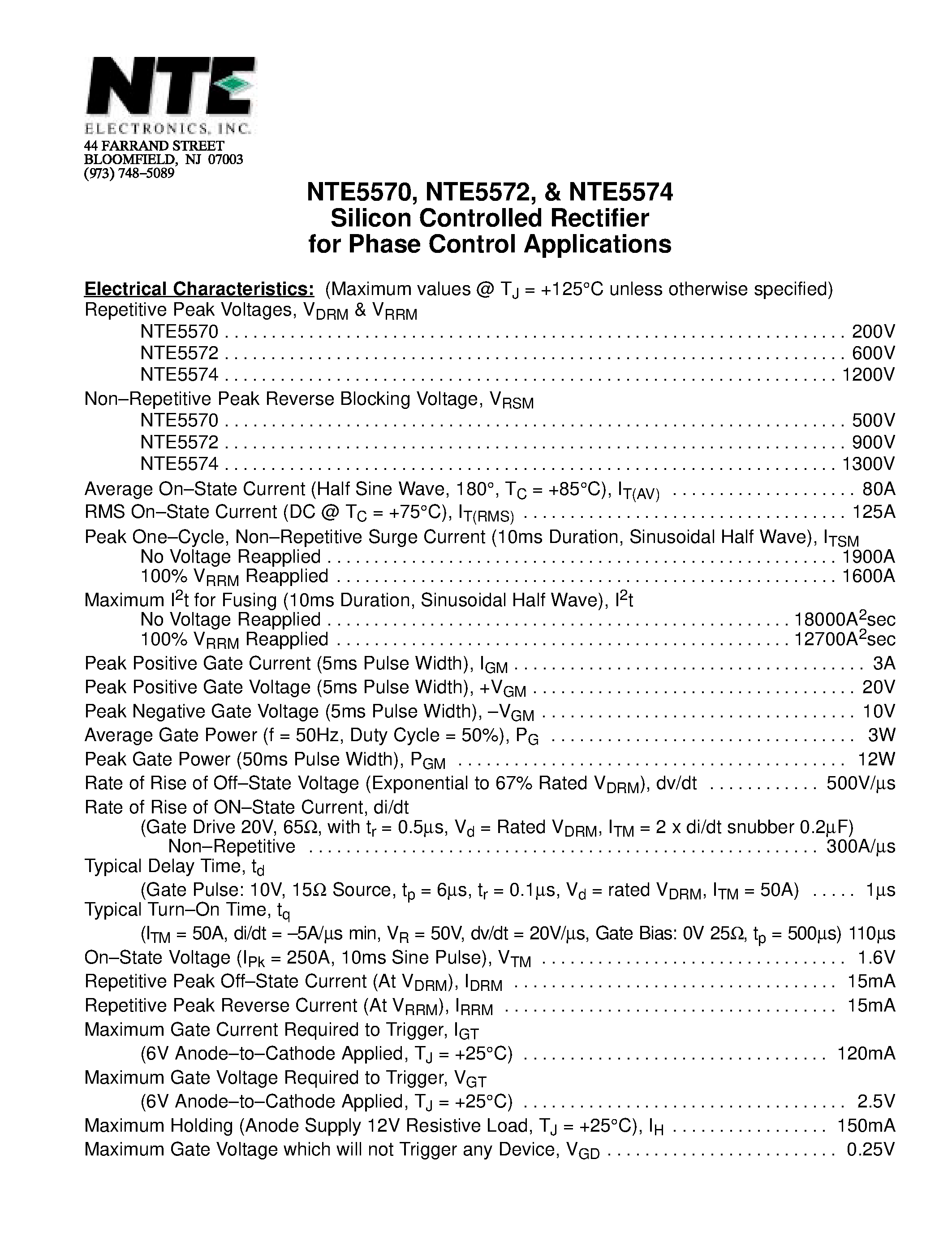 Даташит NTE5570 - Silicon Controlled Rectifier for Phase Control Applications страница 1