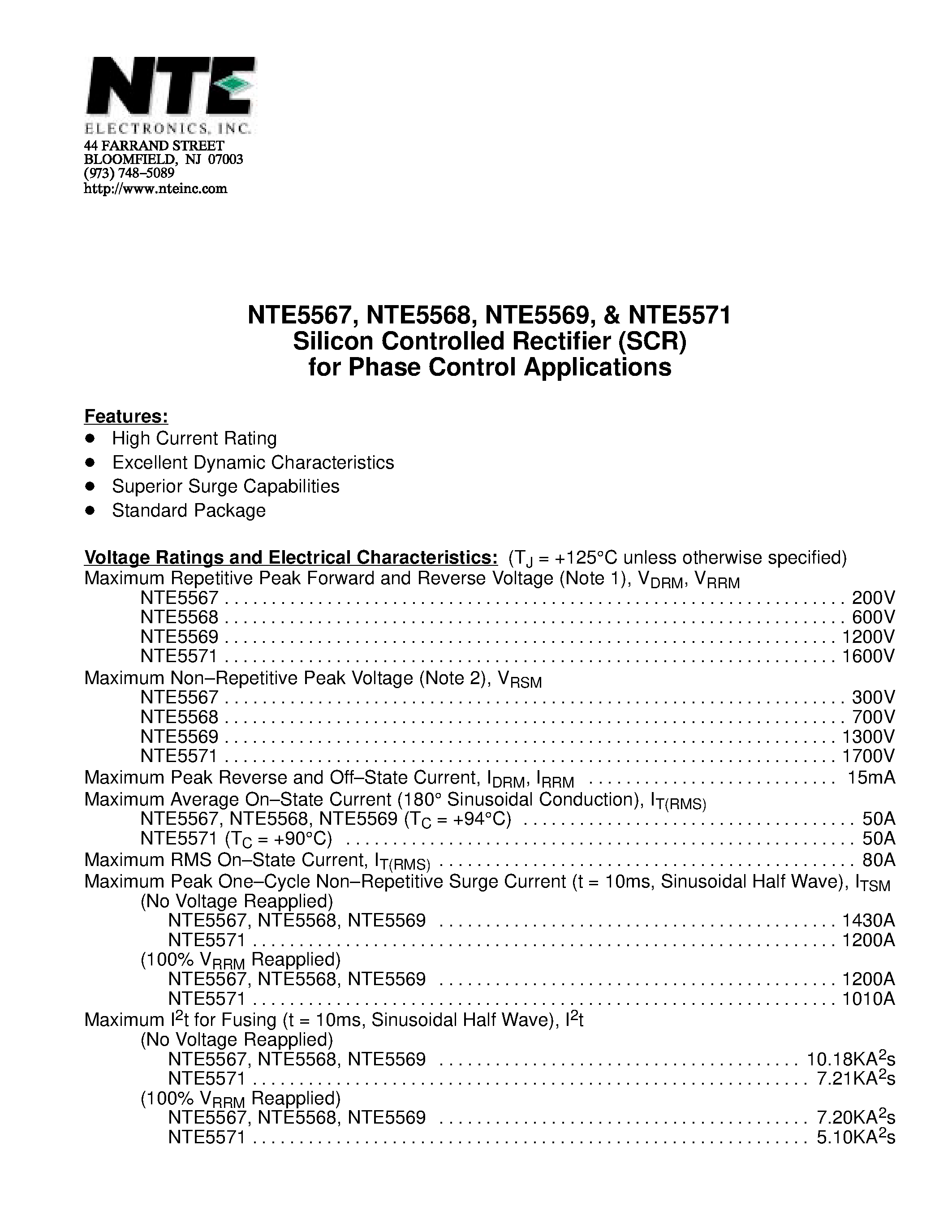 Даташит NTE5571 - Silicon Controlled Rectifier (SCR) for Phase Control Applications страница 1