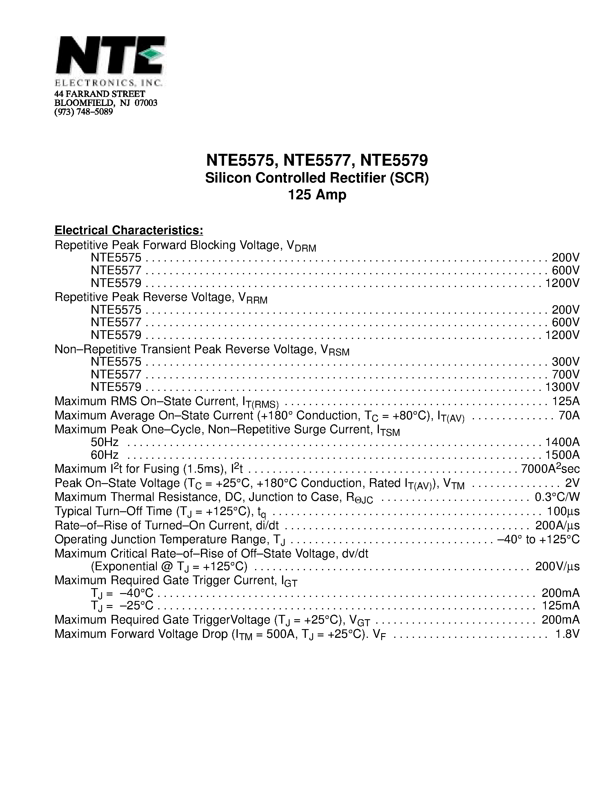 Даташит NTE5577 - Silicon Controlled Rectifier (SCR) 125 Amp страница 1