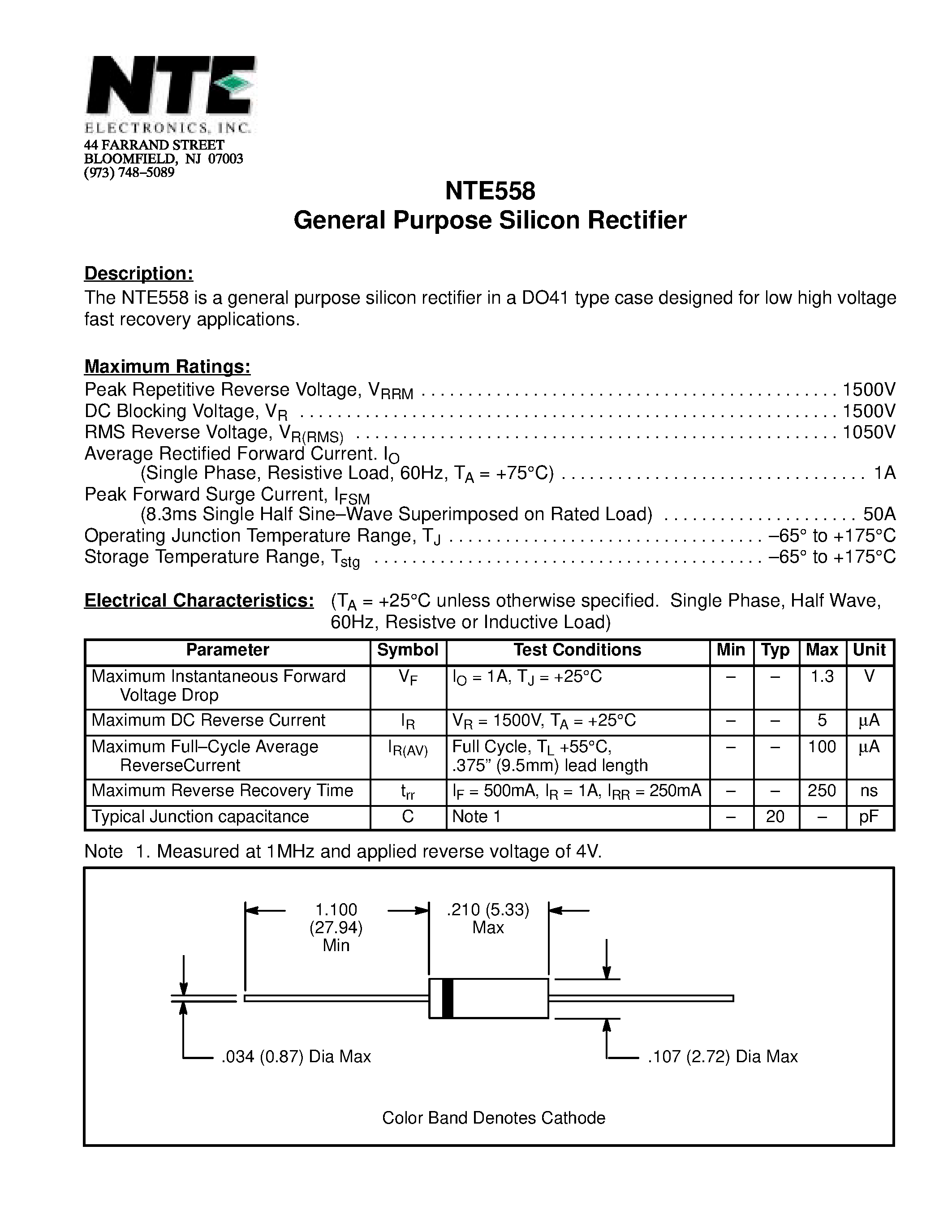 Даташит NTE558 - General Purpose Silicon Rectifier страница 1