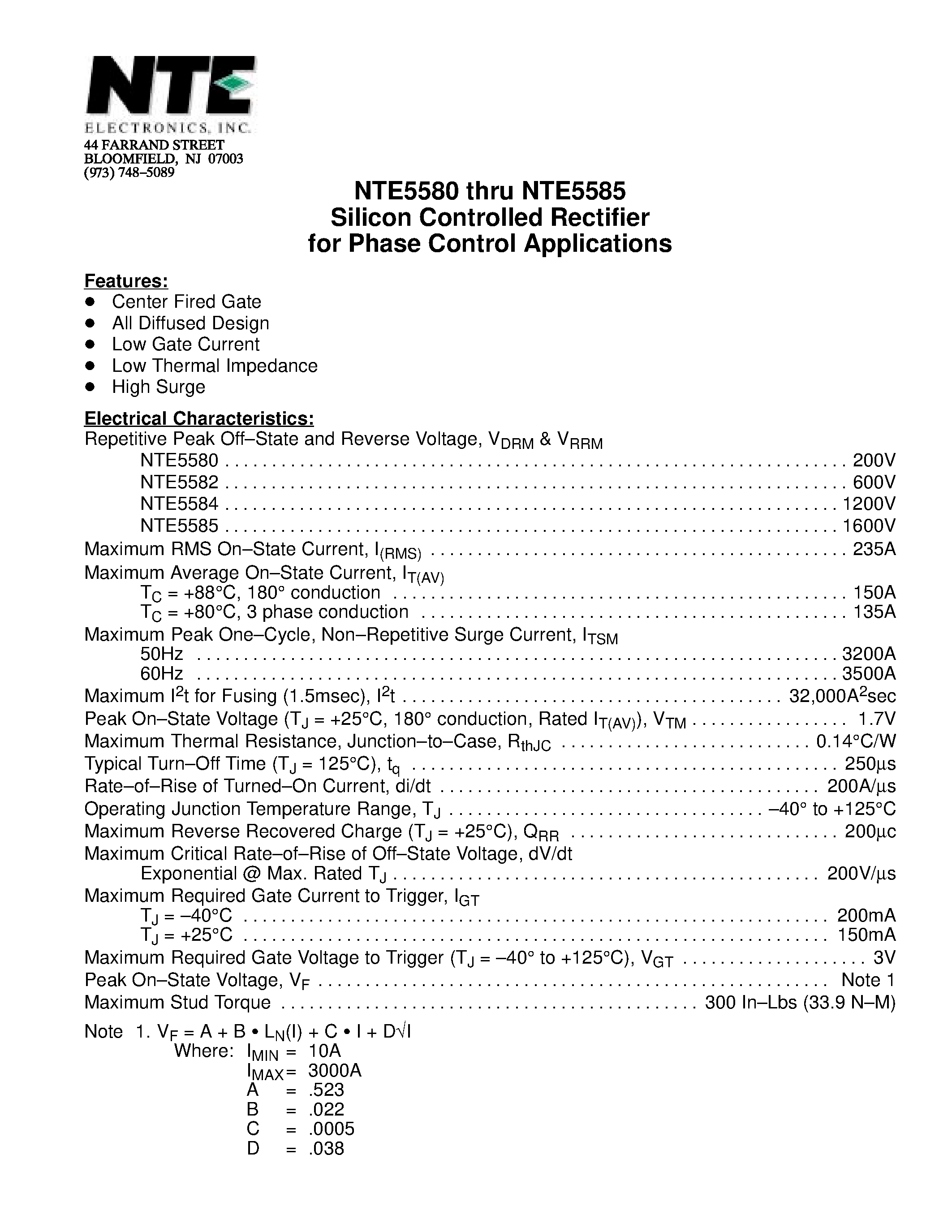 Даташит NTE5585 - Silicon Controlled Rectifier for Phase Control Applications страница 1