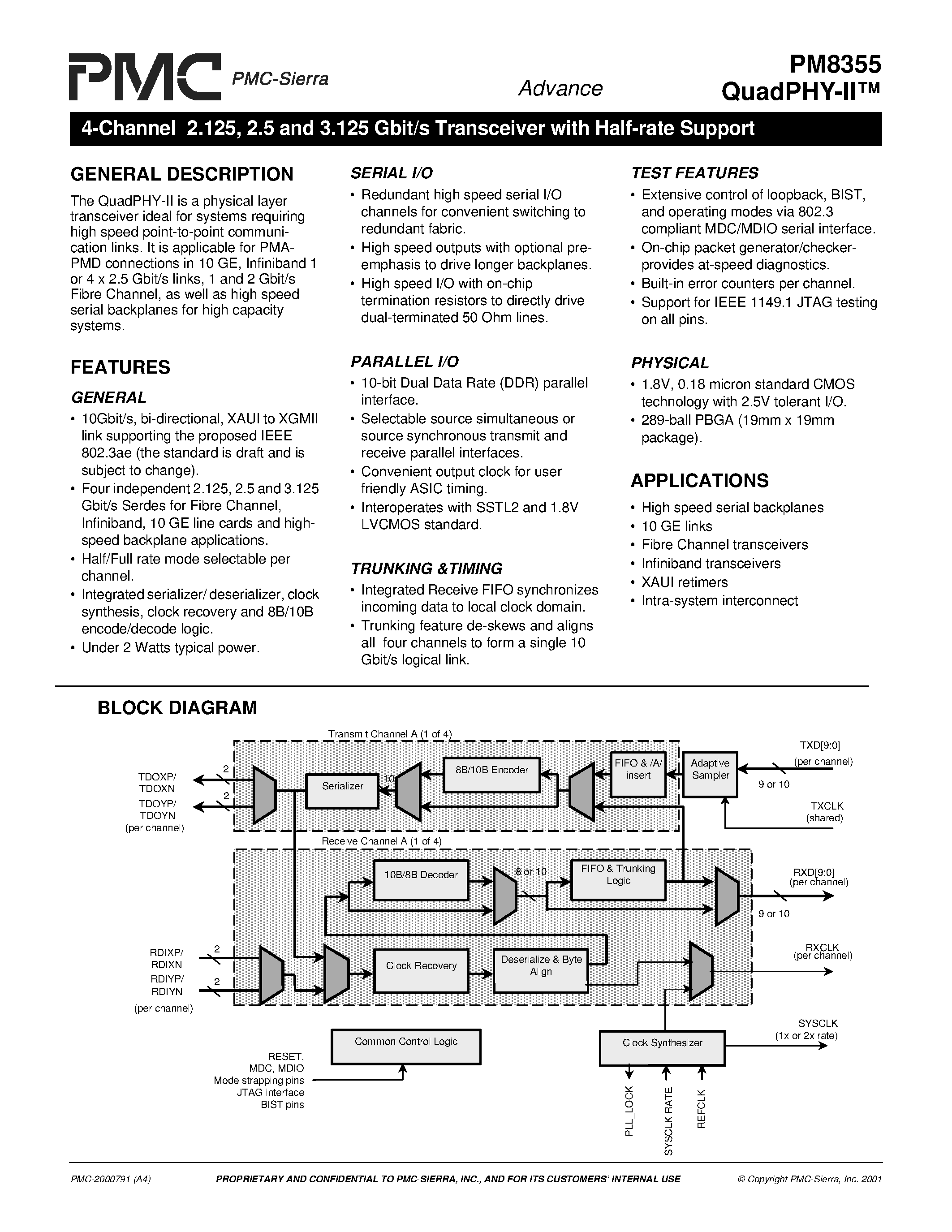 Datasheet PM8355 - 4-Channel 2.125 / 2.5 and 3.125 Gbit/s Transceiver with Half-rate Support page 1