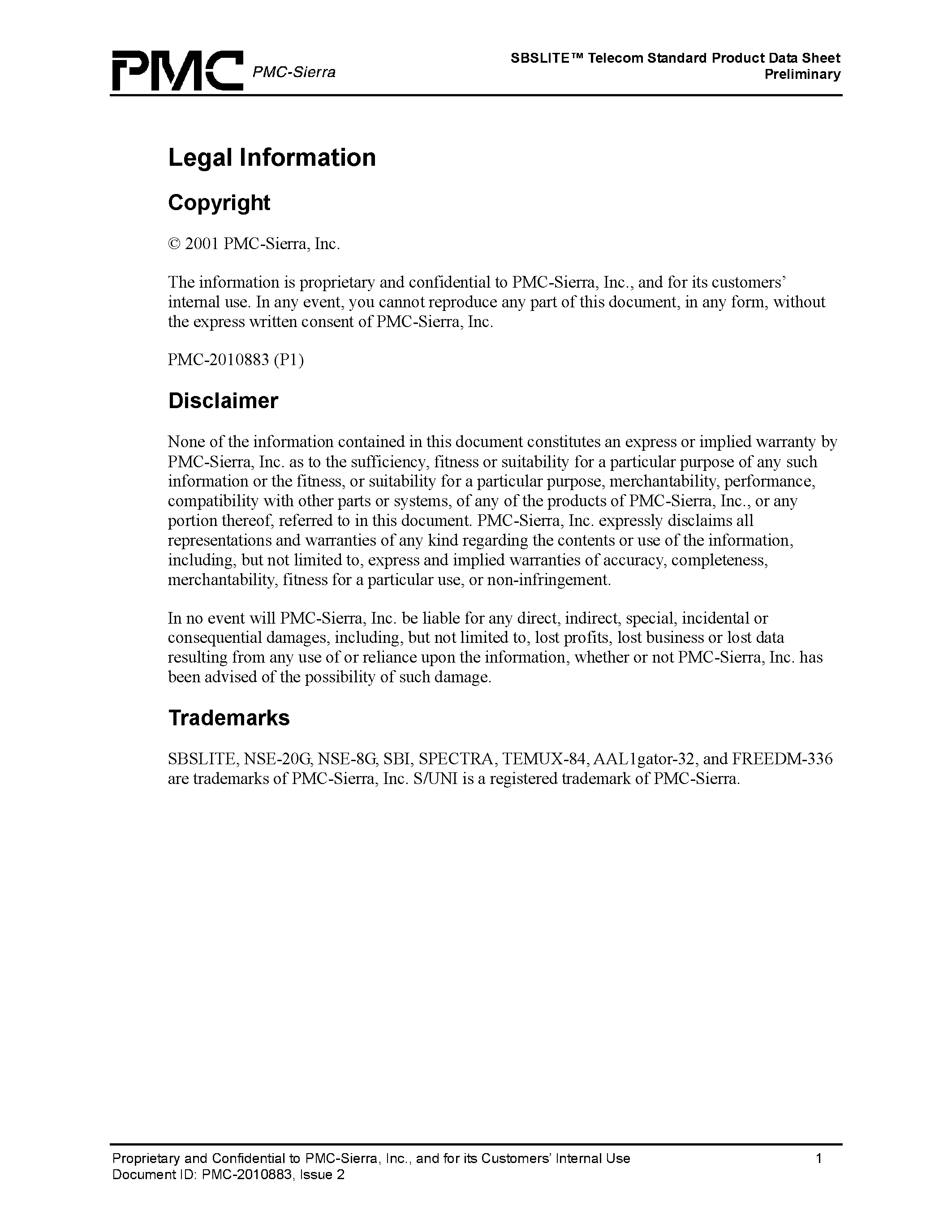 Даташит на микросхему PM8611 страница 2 Даташит PM8611 - SBSLITE Telecom Standard Product Data Sheet Preliminary страница 2