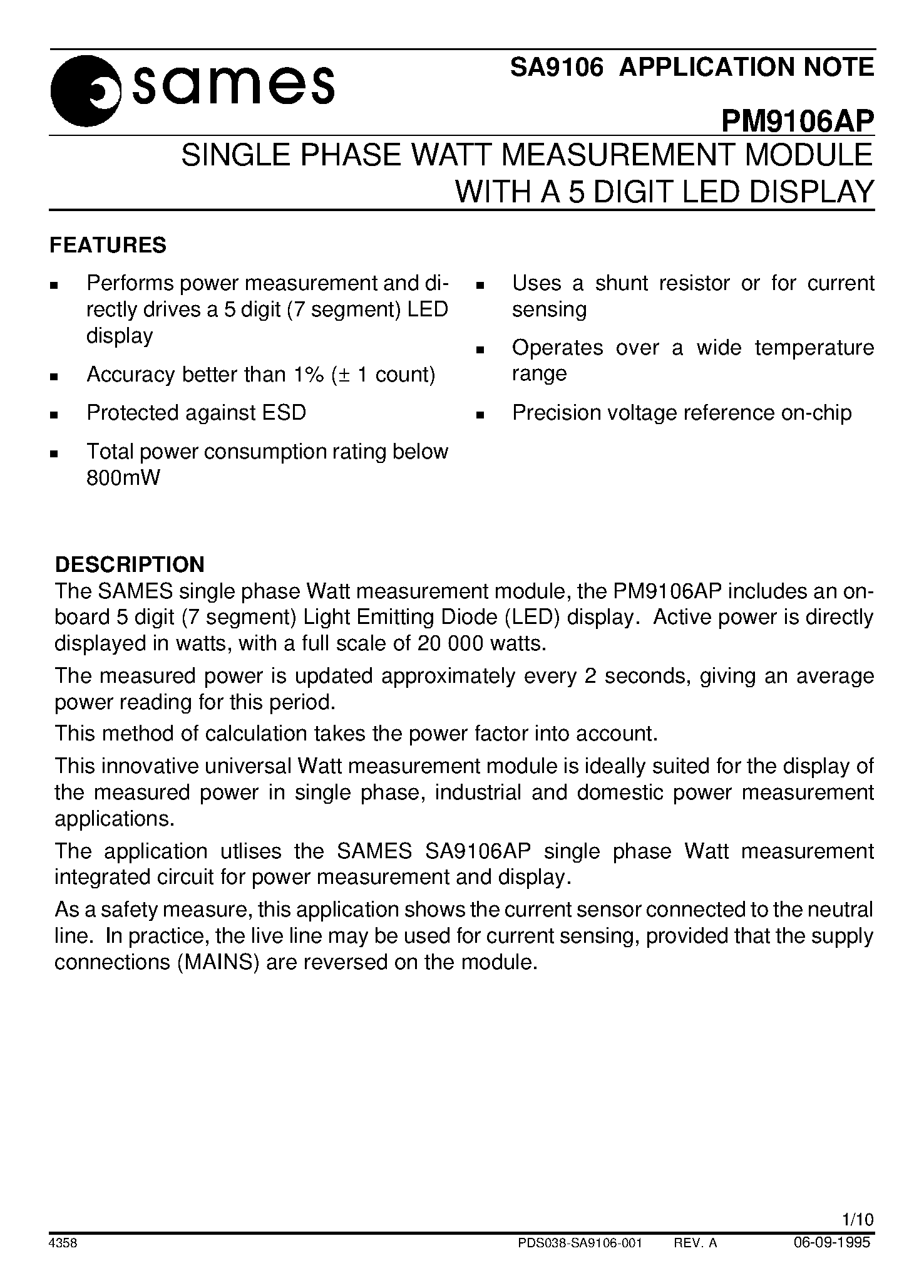 Datasheet PM9106APA - SINGLE PHASE WATT MEASUREMENT MODULE WITH A 5 DIGIT LED DISPLAY page 1
