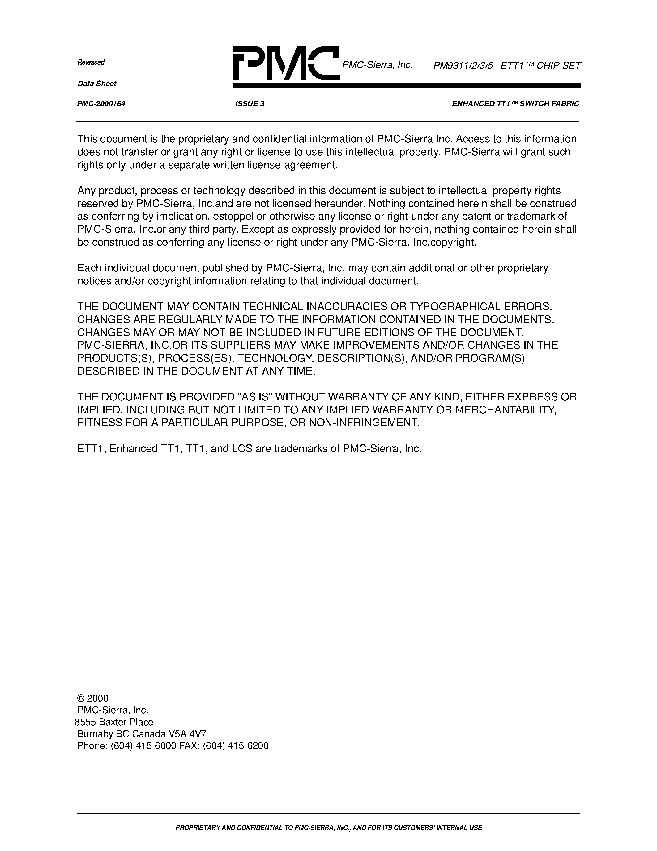Datasheet PM9311 page 2 Datasheet PM9311 - Enhanced TT1TM Switch Fabric page 2