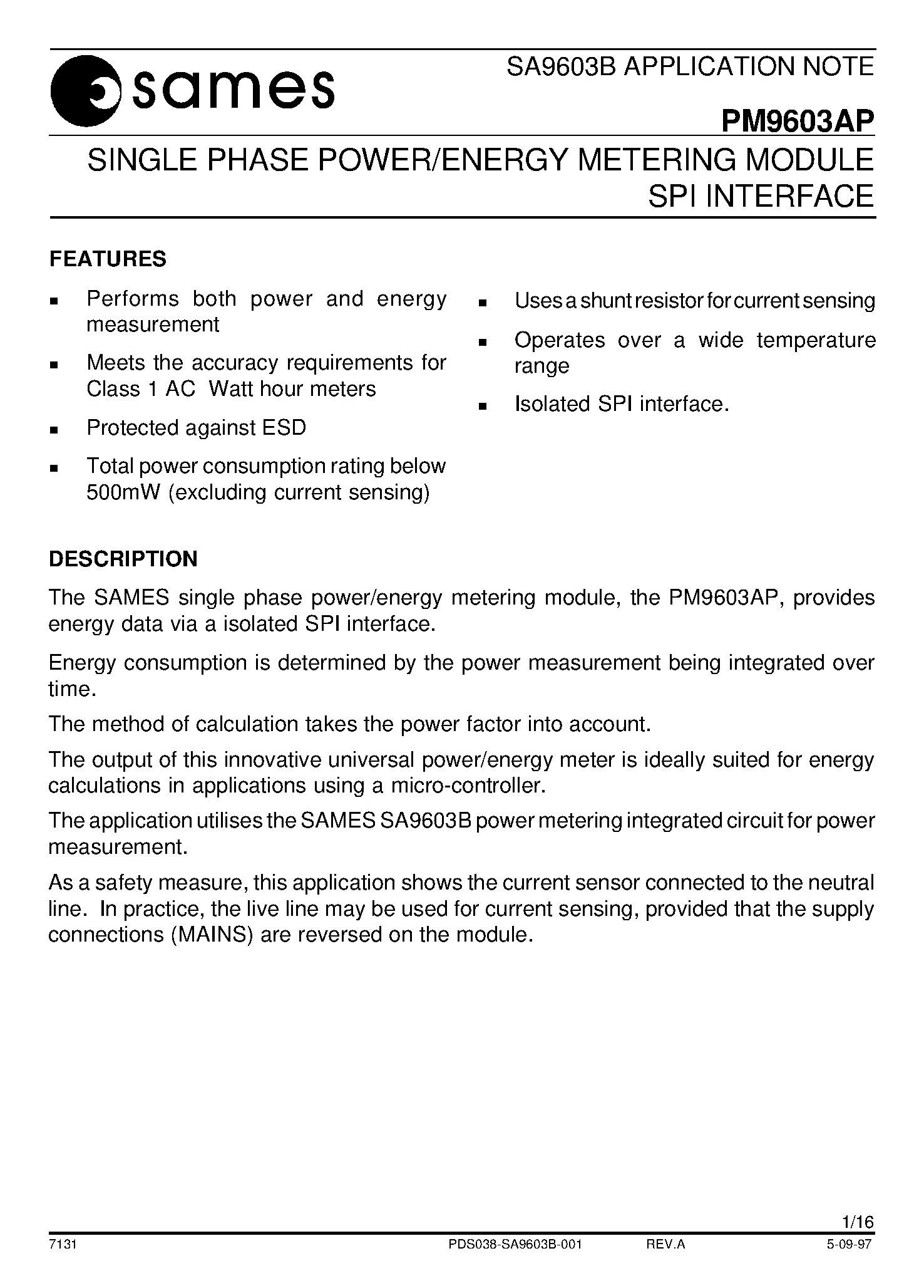 Datasheet PM9603APA - SINGLE PHASE POWER/ENERGY METERING MODULE SPI INTERFACE page 1