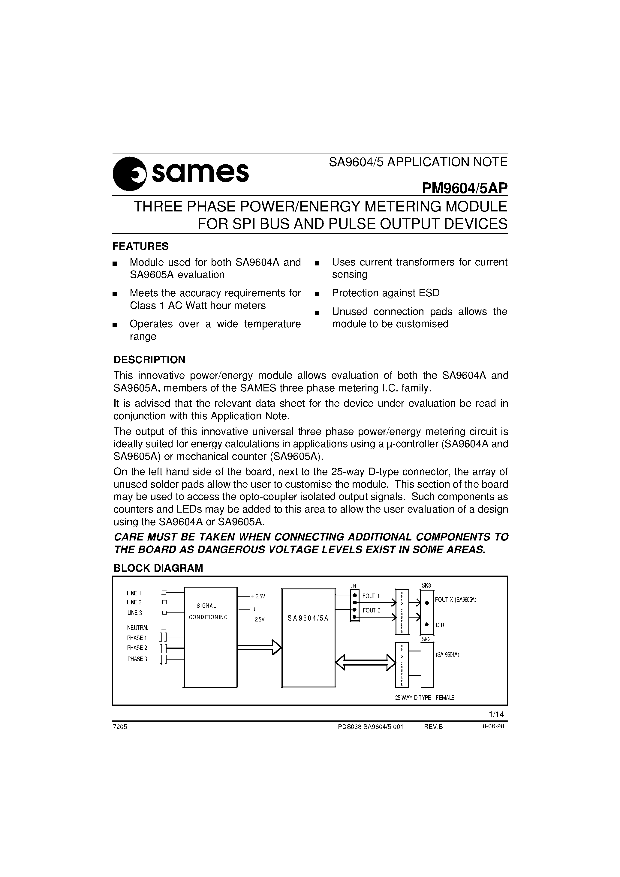 Datasheet PM9604 - THREE PHASE POWER/ENERGY METERING MODULE FOR SPI BUS AND PULSE OUTPUT DEVICES page 1