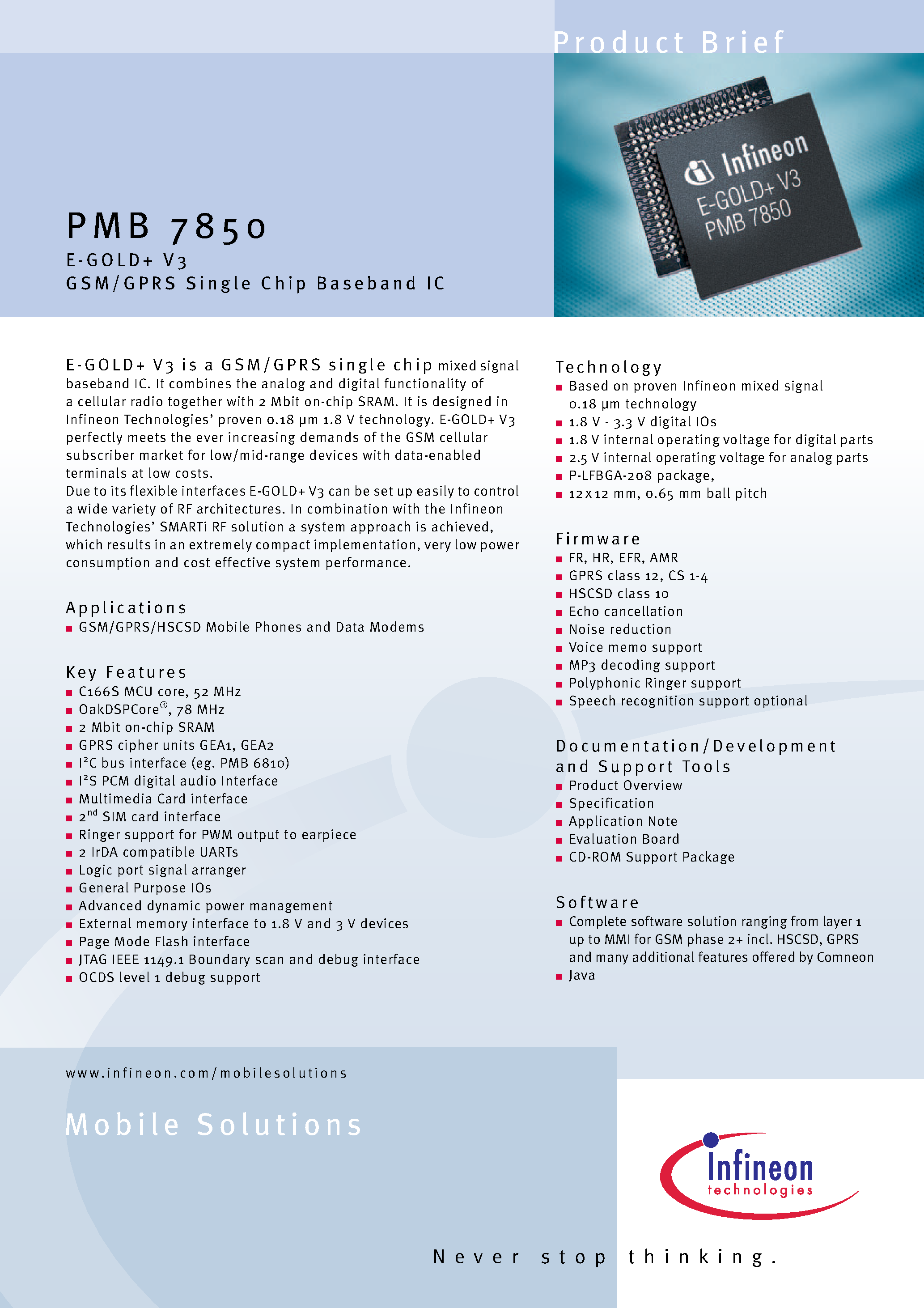 Даташит на микросхему PMB7850 страница 1 Даташит PMB7850 - E -GOLD+ V3 GSM / GPRS Single Chip Baseb and IC страница 1