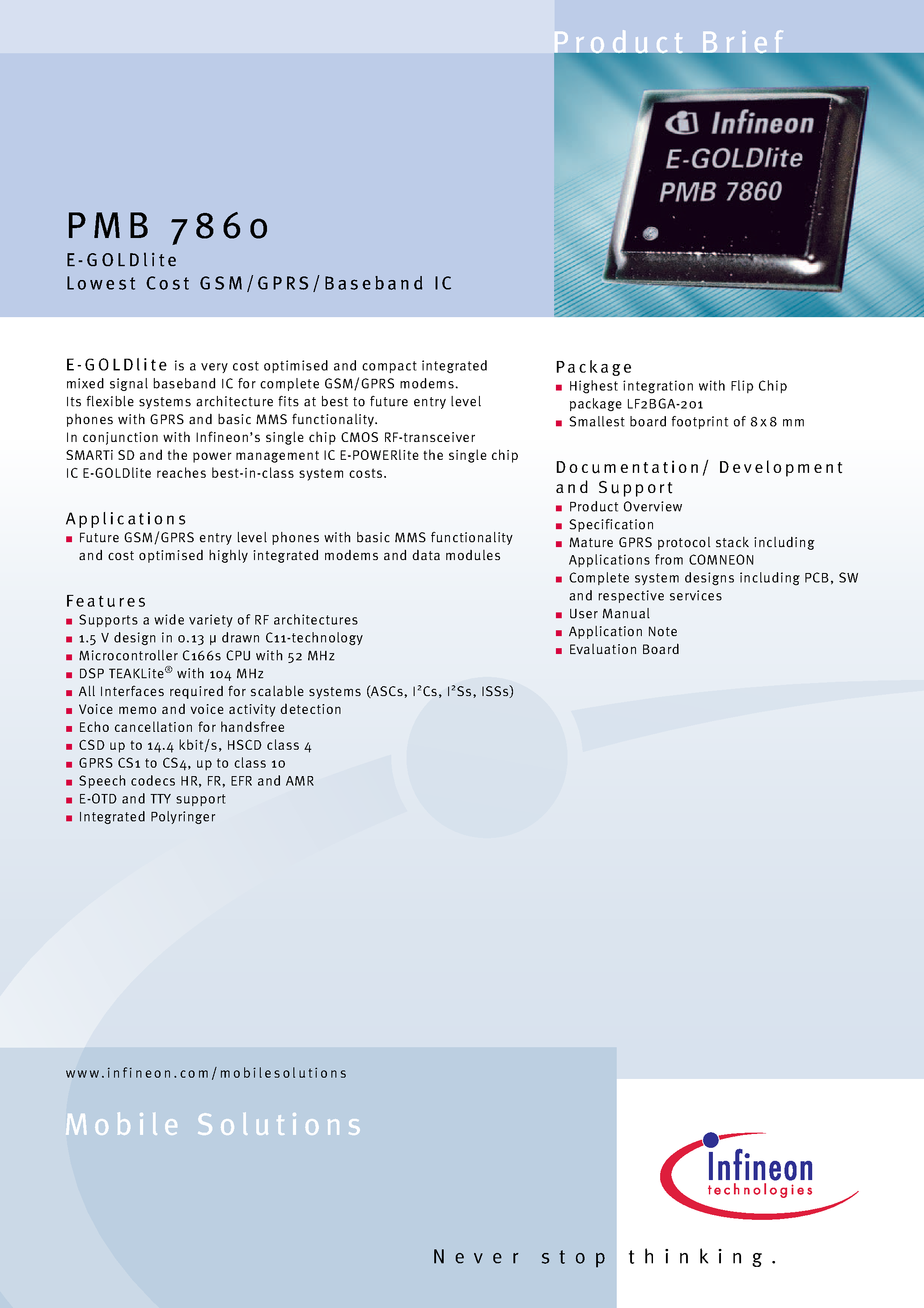 Datasheet PMB7860 - E -GOLDlite Lowest Cost GSM/GPRS/Base band IC page 1