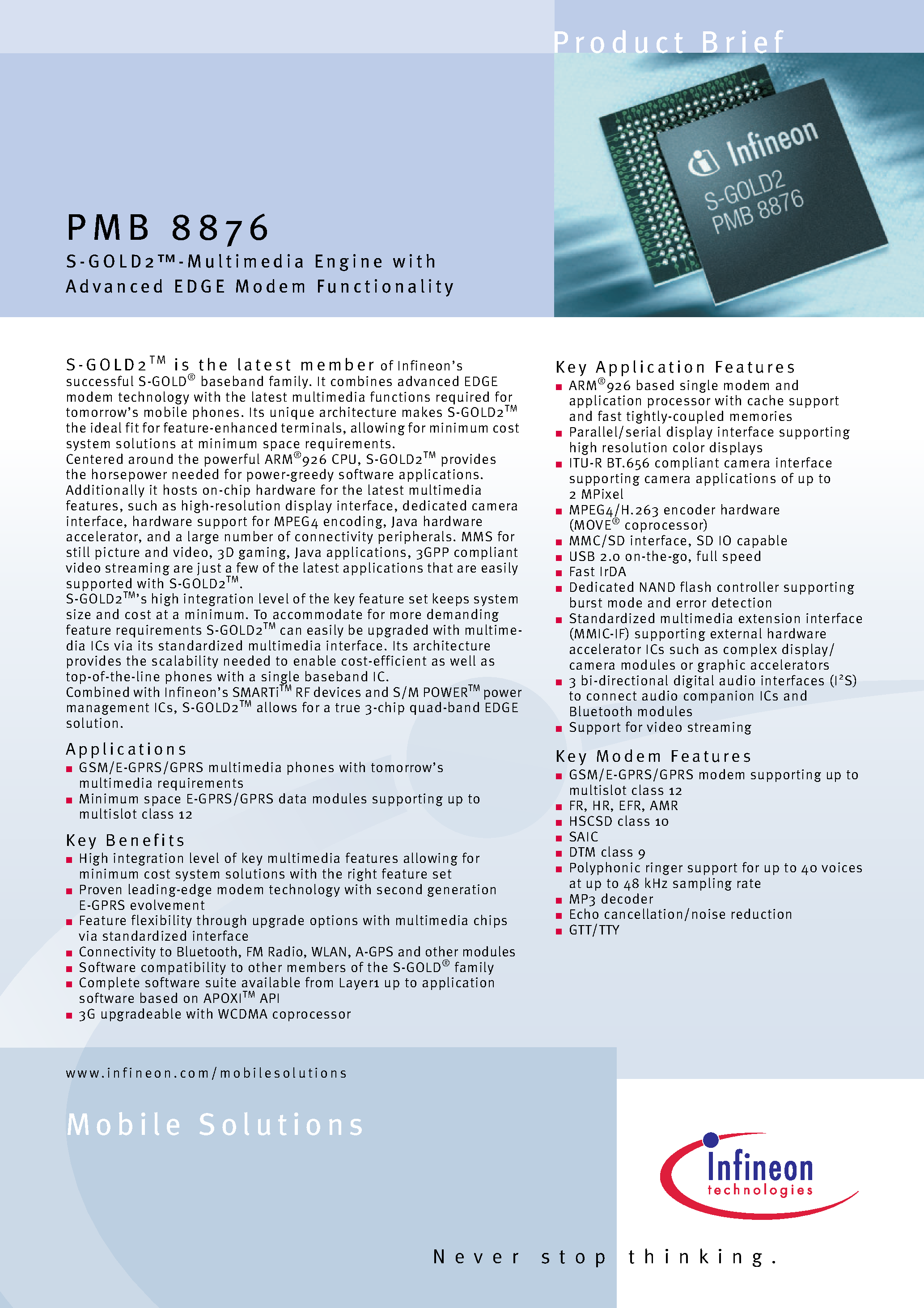 Даташит PMB8876 - S-GOLD2-Multimedia Engine with Advanced EDGE Modem Functionality страница 1