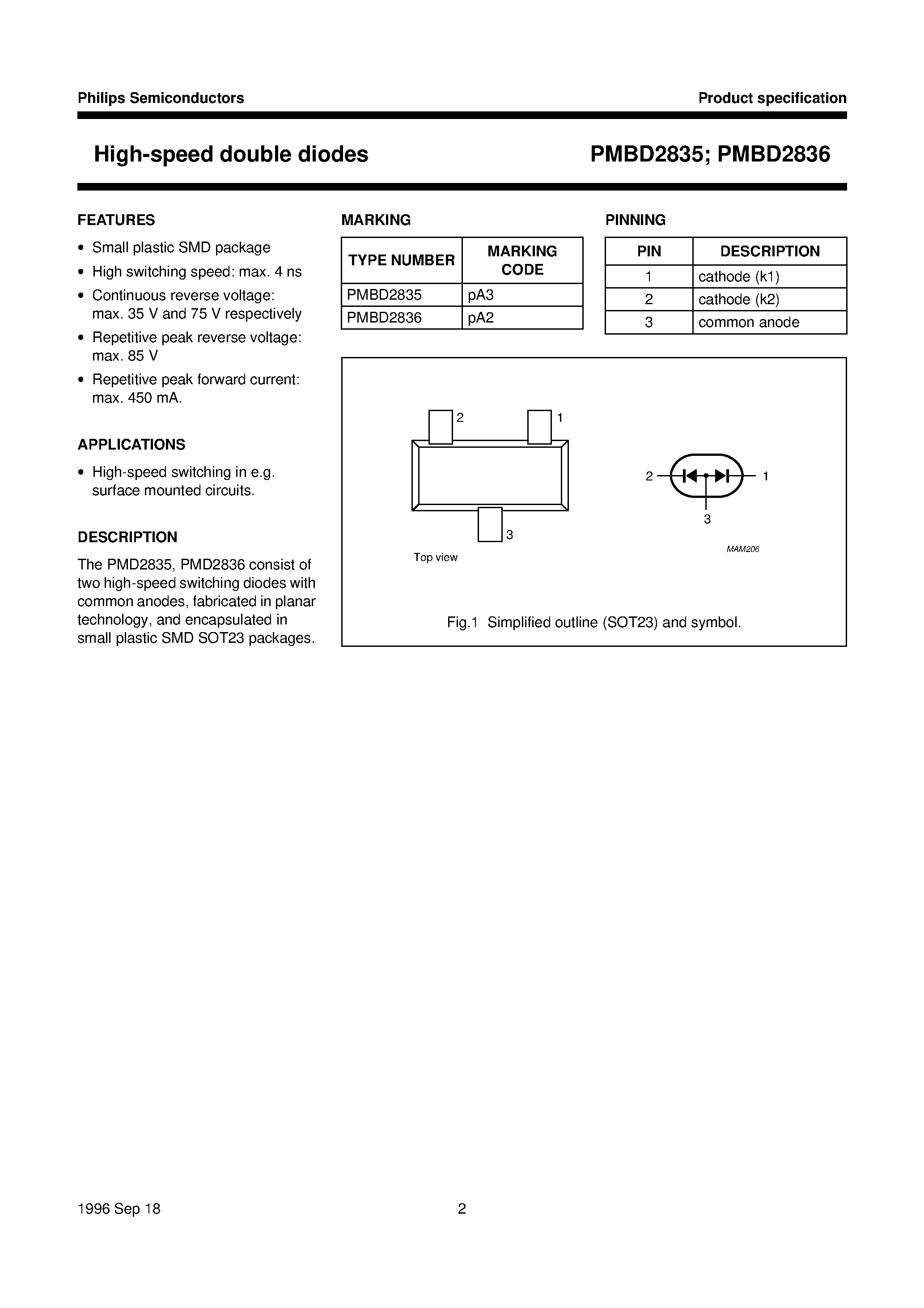 Даташит на микросхему PMBD2835 страница 2 Даташит PMBD2835 - High-speed double diodes страница 2