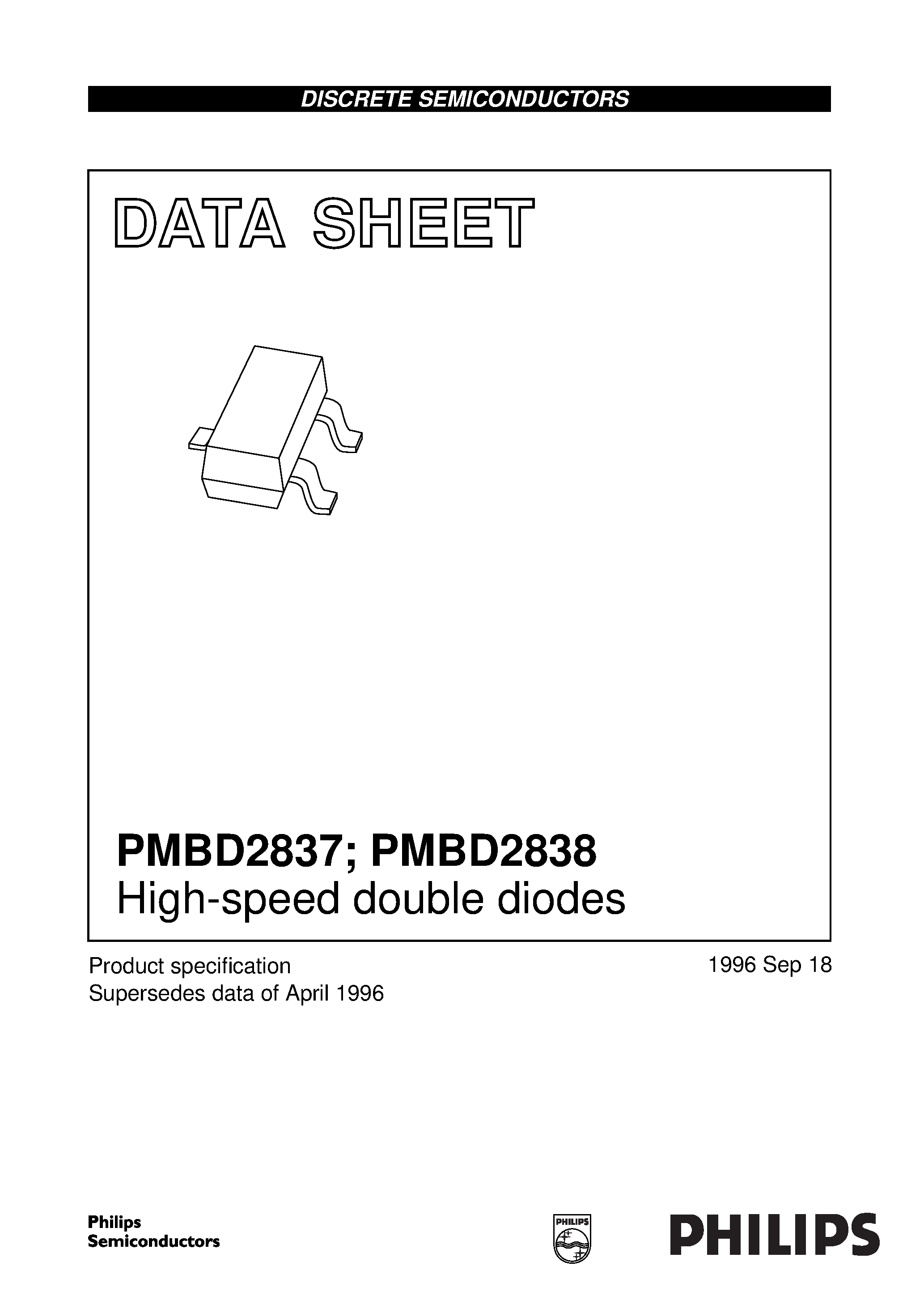 Даташит на микросхему PMBD2837 страница 1 Даташит PMBD2837 - High-speed double diodes страница 1