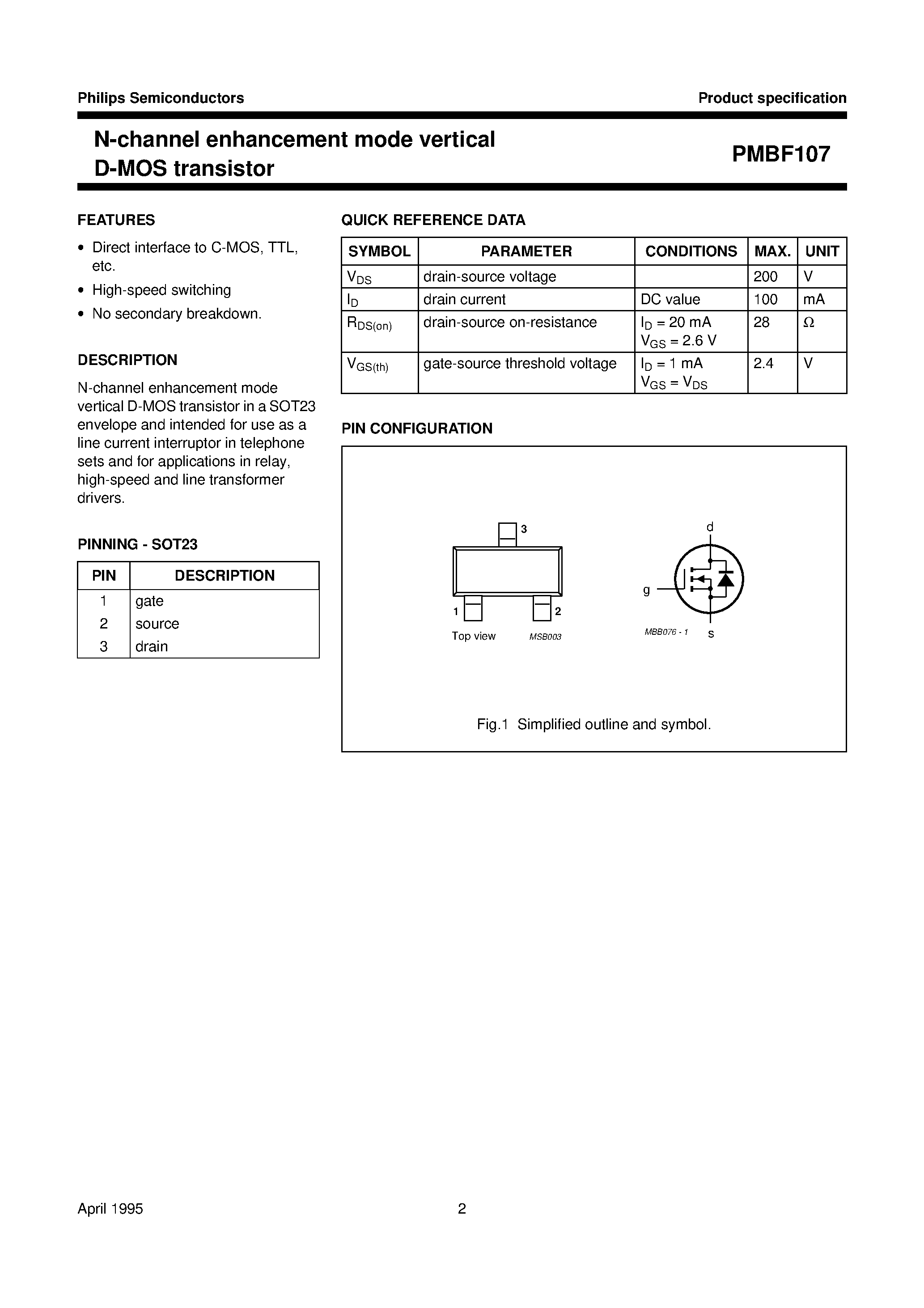 Даташит PMBF107 - N-channel enhancement mode vertical D-MOS transistor страница 2