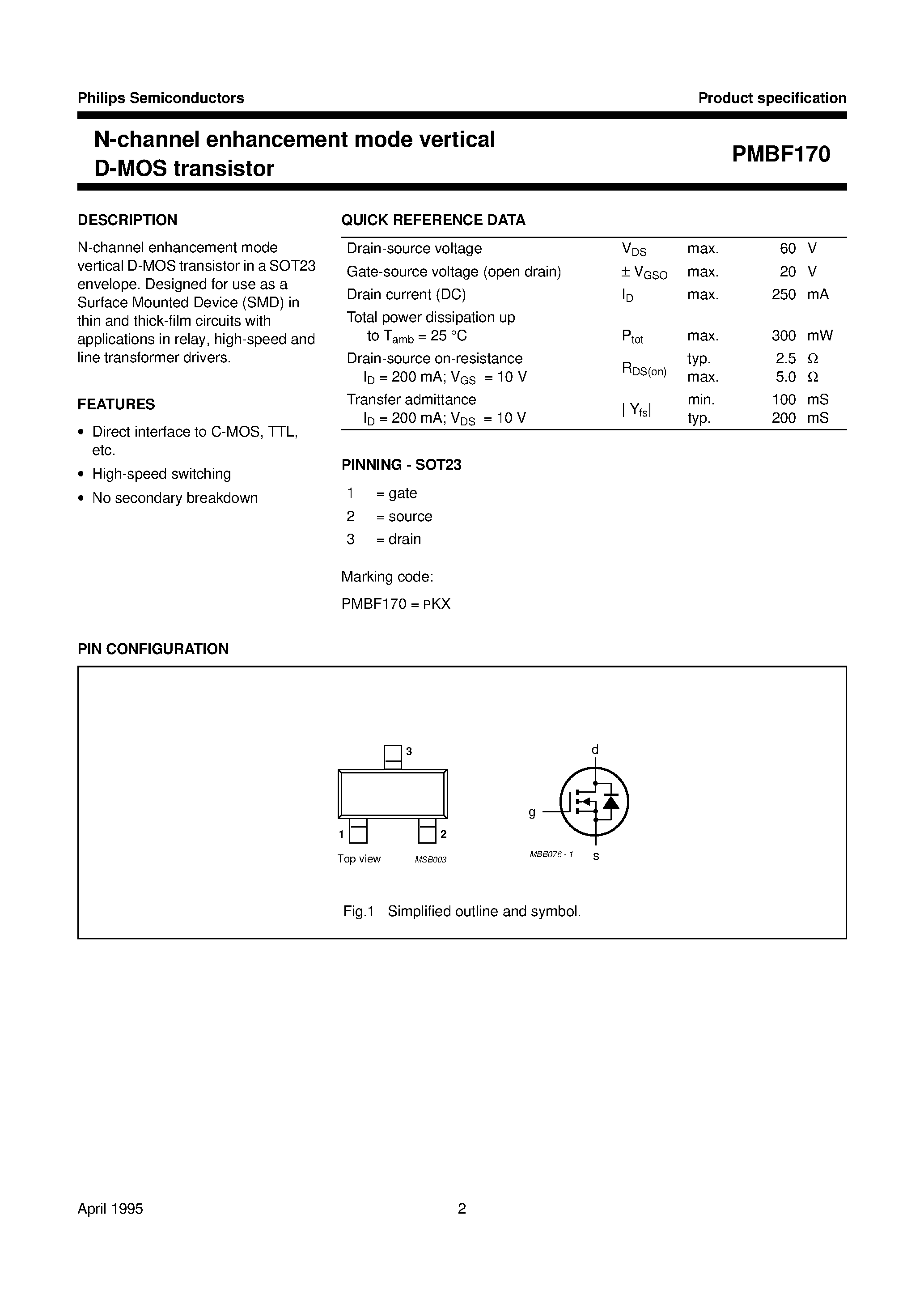 Даташит PMBF170 - N-channel enhancement mode vertical D-MOS transistor страница 2