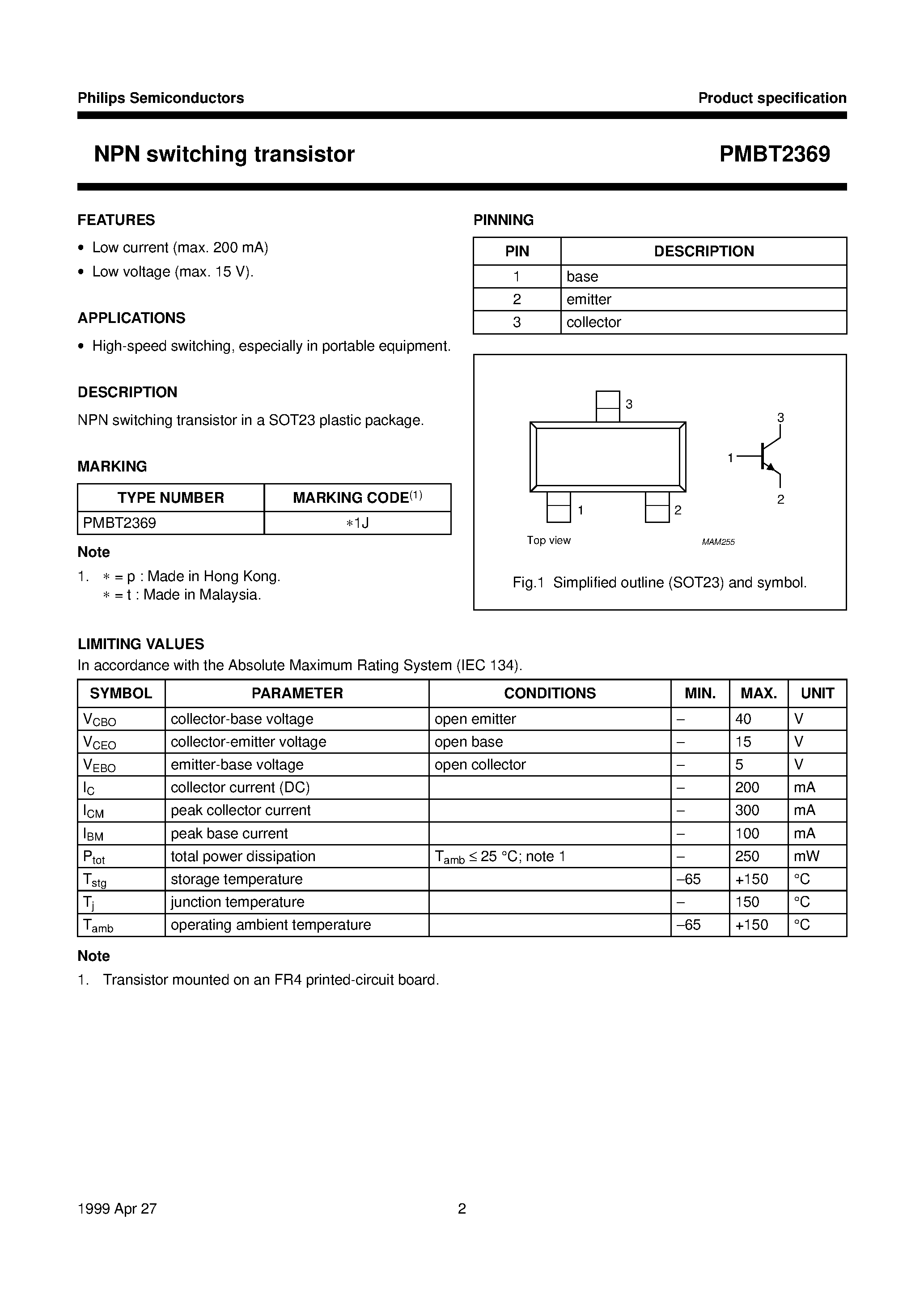 Datasheet PMBT2369 - NPN switching transistor page 2